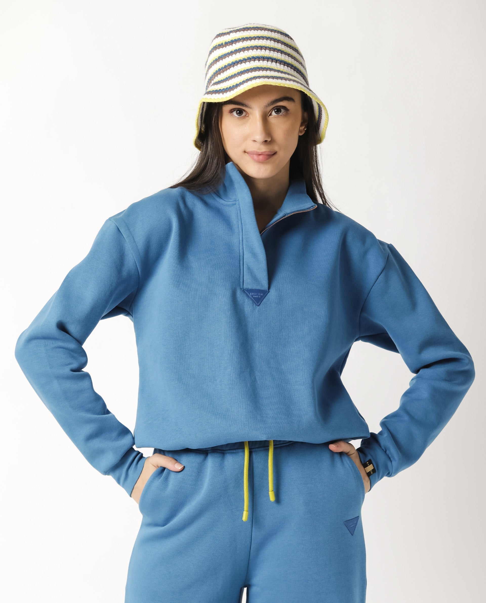 Rareism Women Taffy-1 Blue  Relaxed Fit Full Sleeves Solid High Neck Sweatshirt