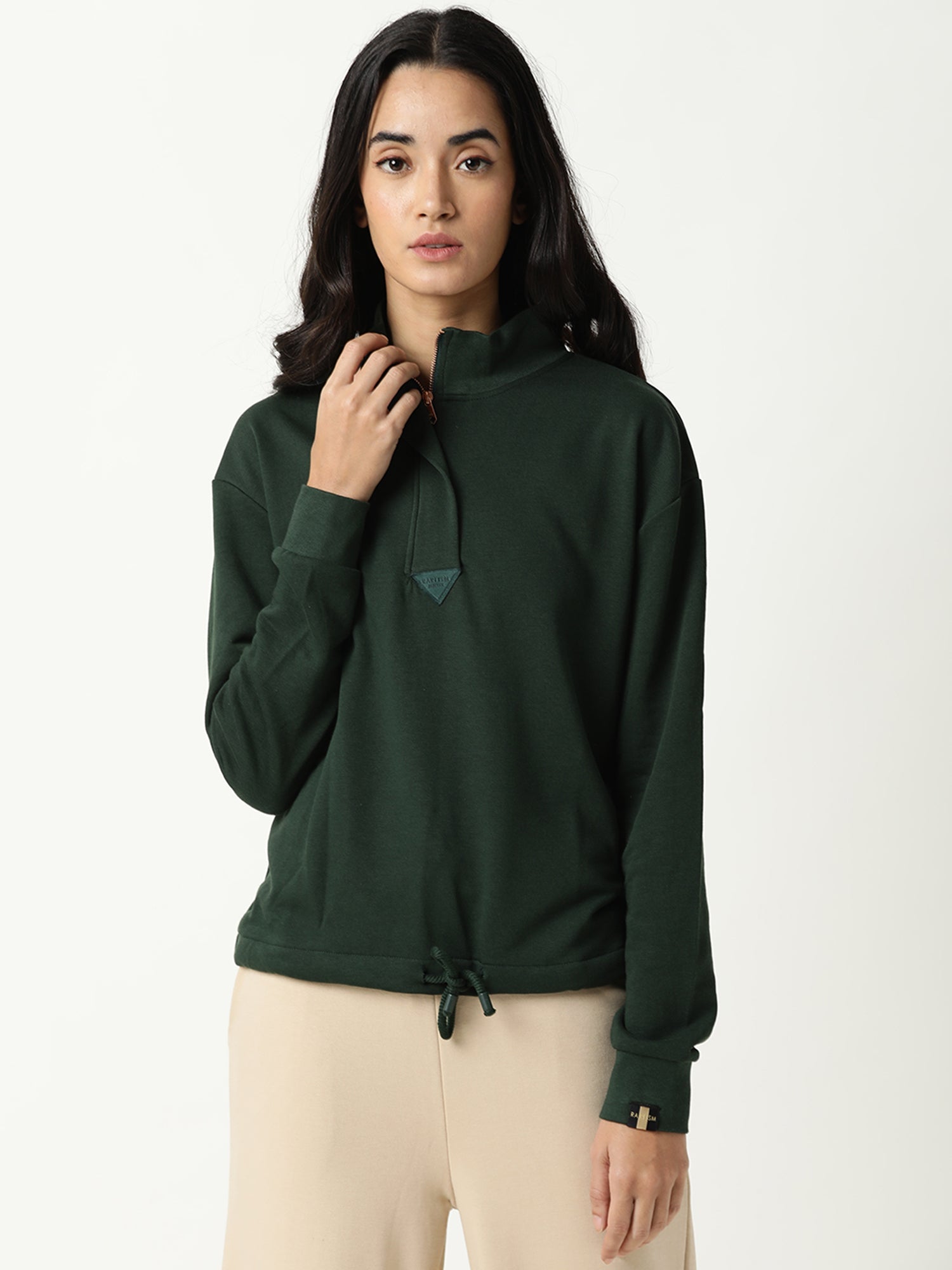 Rareism Women Taffy Green  Relaxed Fit Full Sleeves Solid High Neck Sweatshirt
