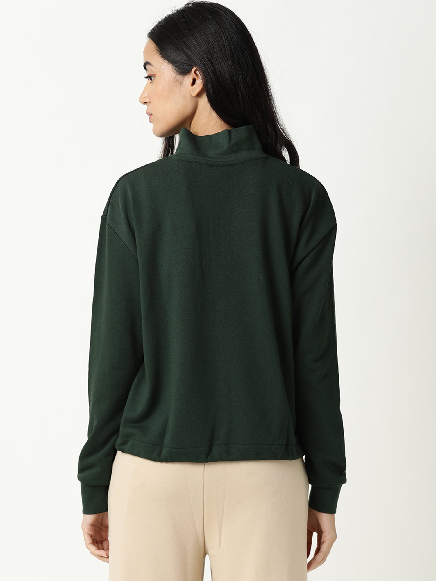 Rareism Women Taffy Green  Relaxed Fit Full Sleeves Solid High Neck Sweatshirt