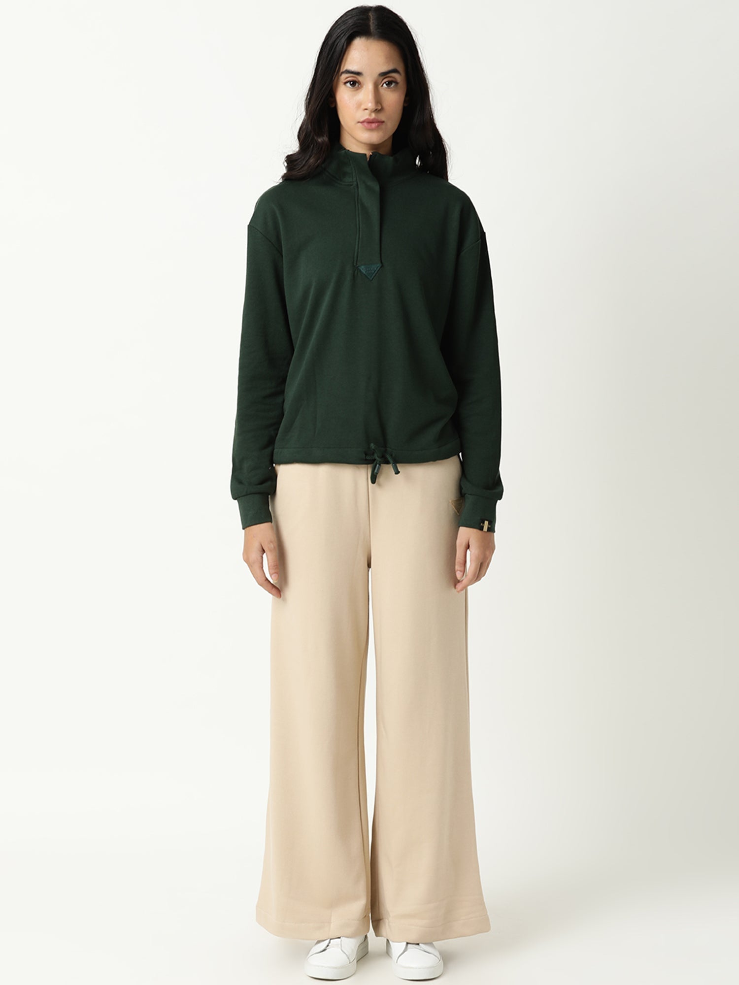 Rareism Women Taffy Green  Relaxed Fit Full Sleeves Solid High Neck Sweatshirt