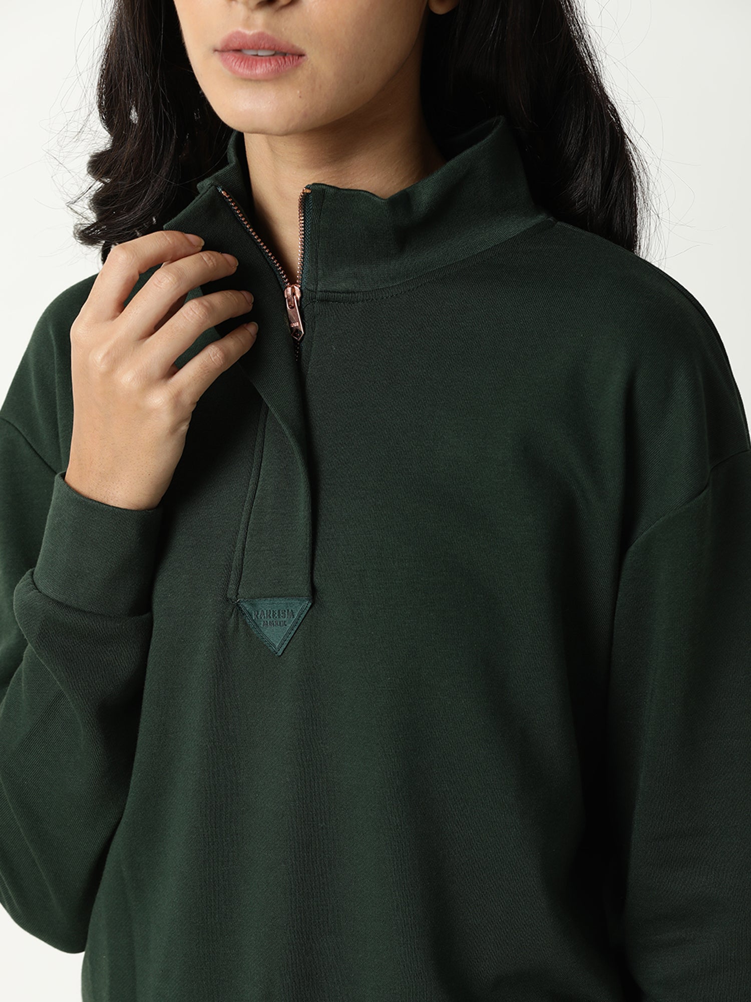 Rareism Women Taffy Green  Relaxed Fit Full Sleeves Solid High Neck Sweatshirt