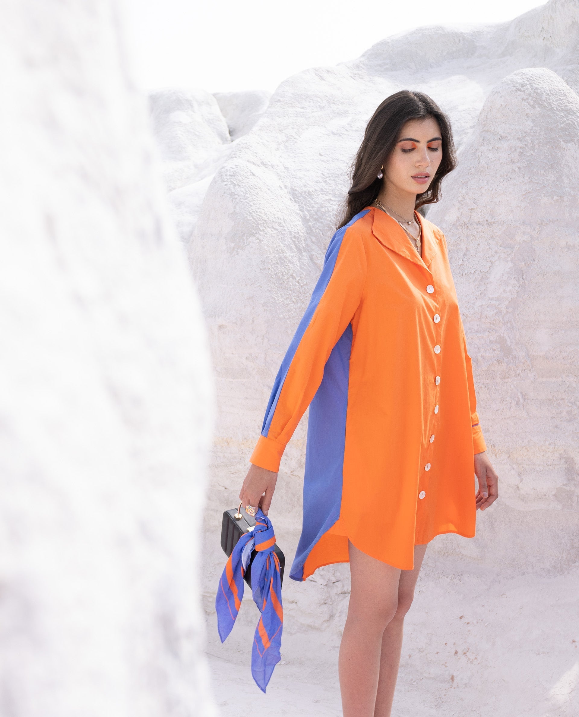 Rareism Women Tally Orange Lapel Collar Full Sleeves Front Full Button Closure Placket And Pockets Mini Dress