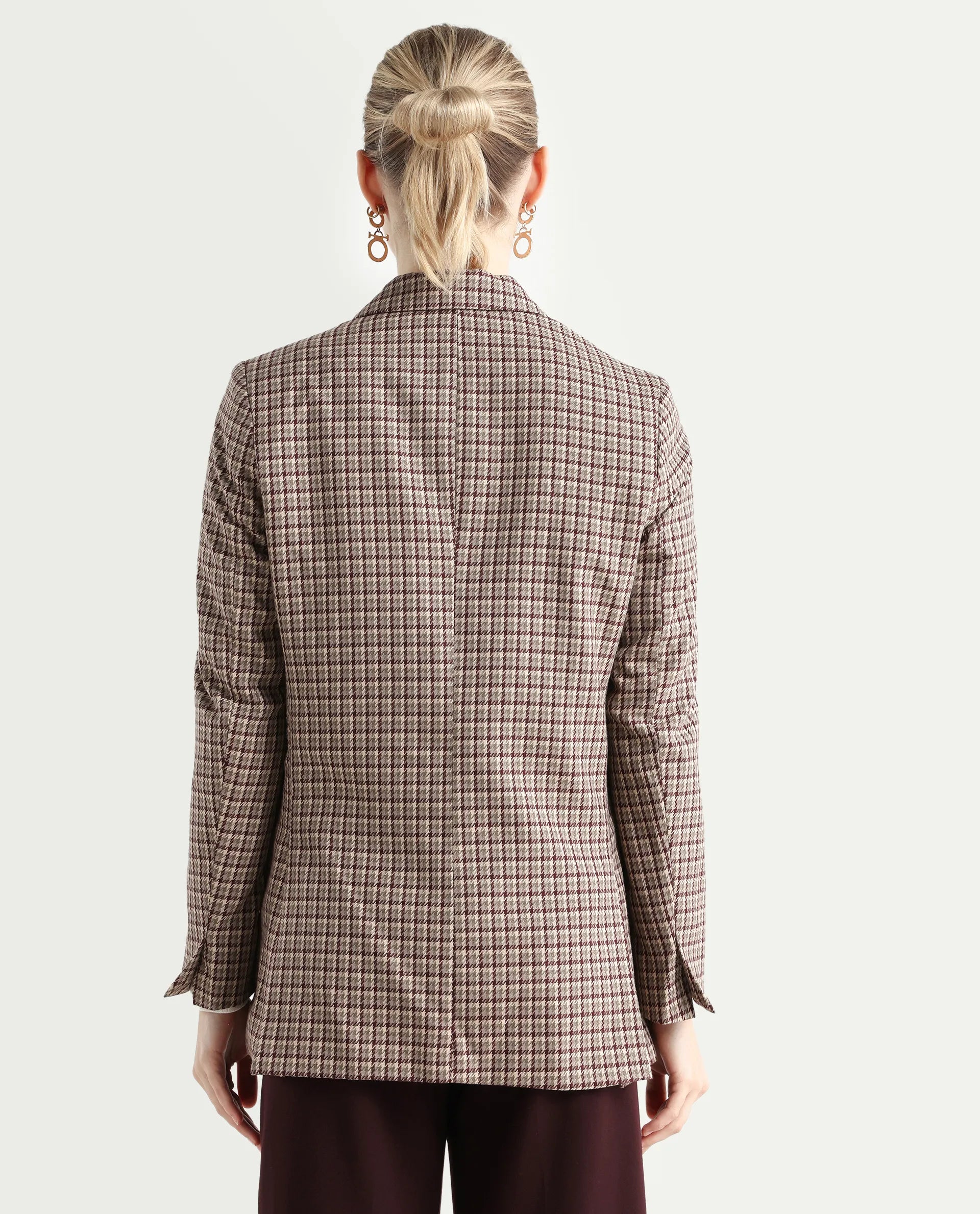 Rareism Women's Tanbi Brown Polyester Lapel Neck Jacquard Regular Fit Blazer