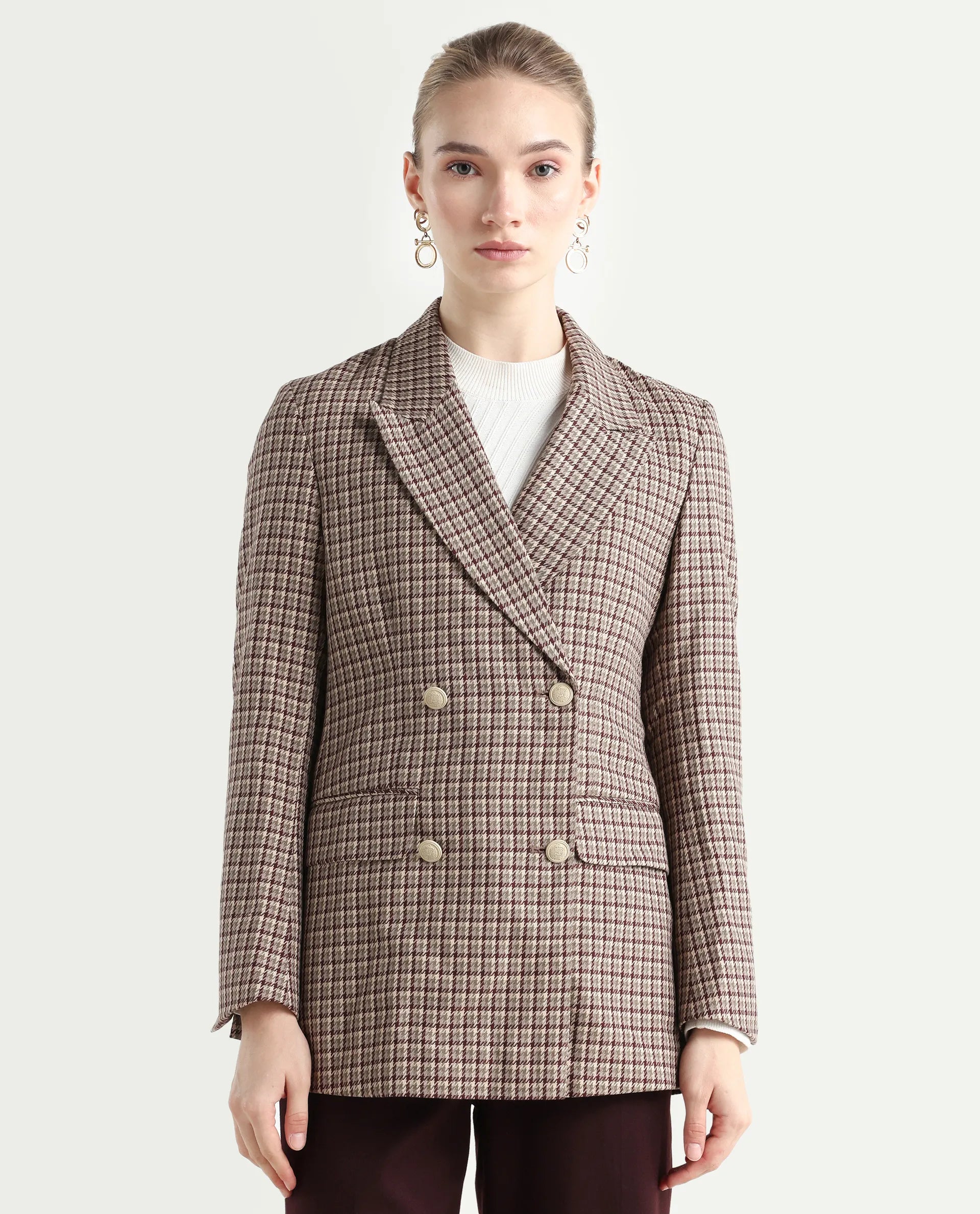 Rareism Women's Tanbi Brown Polyester Lapel Neck Jacquard Regular Fit Blazer