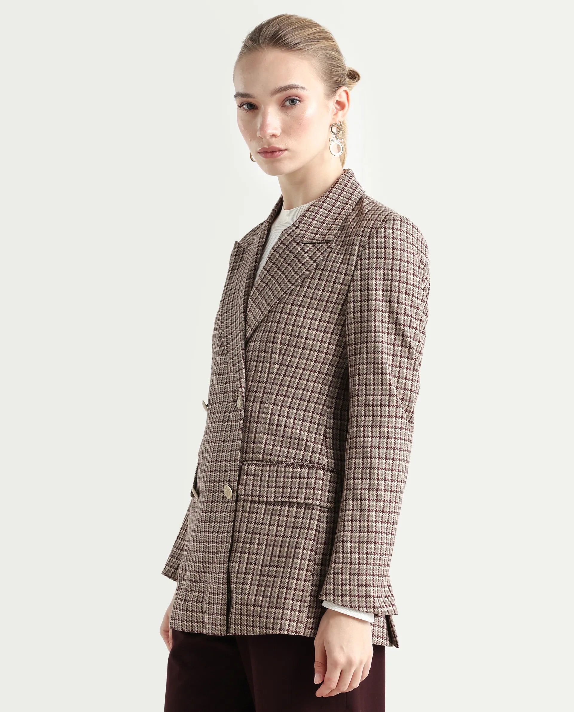 Rareism Women's Tanbi Brown Polyester Lapel Neck Jacquard Regular Fit Blazer