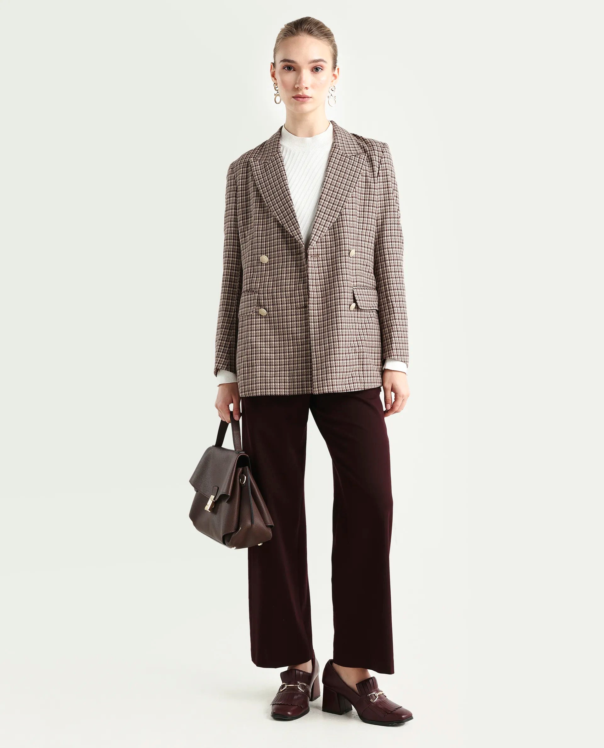 Rareism Women's Tanbi Brown Polyester Lapel Neck Jacquard Regular Fit Blazer