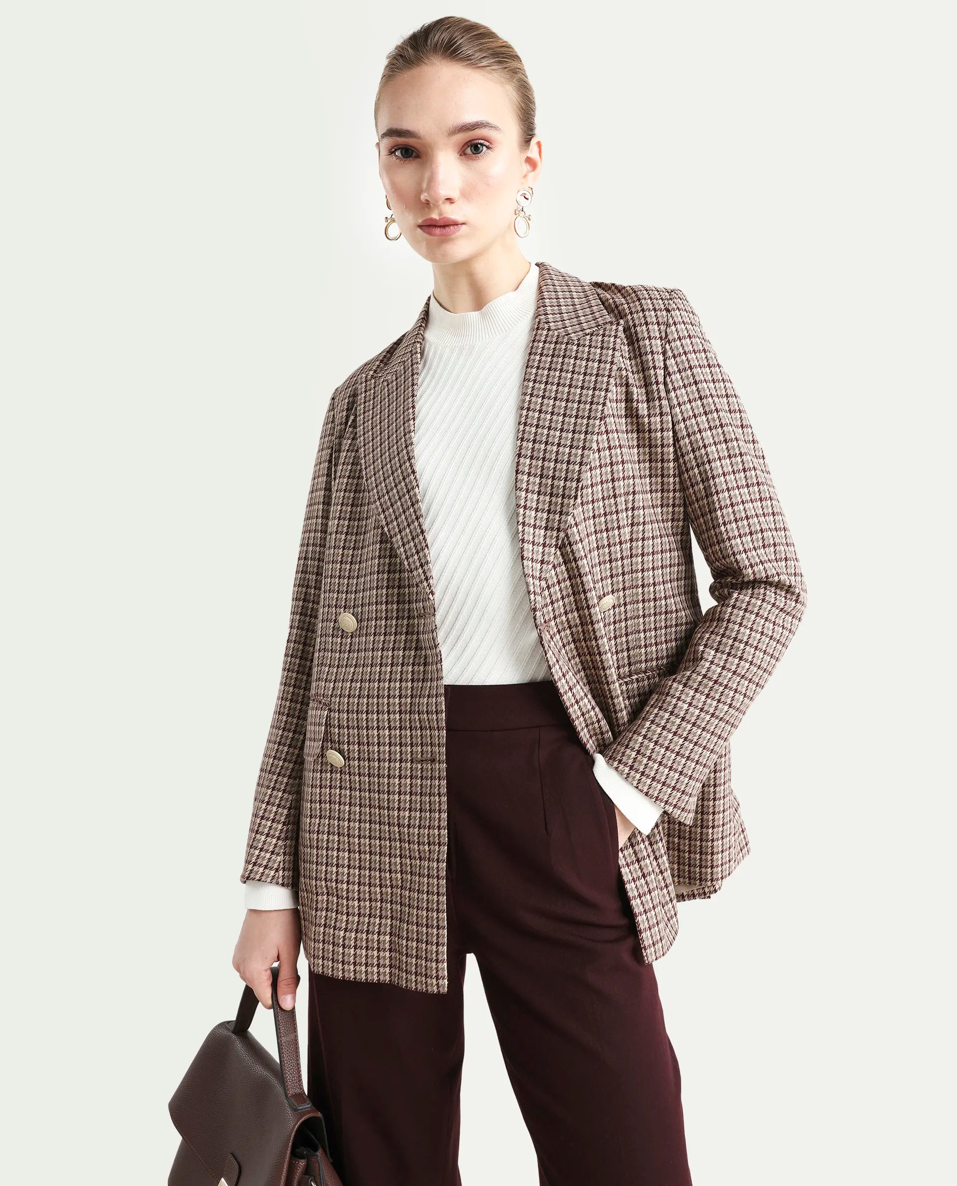 Rareism Women's Tanbi Brown Polyester Lapel Neck Jacquard Regular Fit Blazer