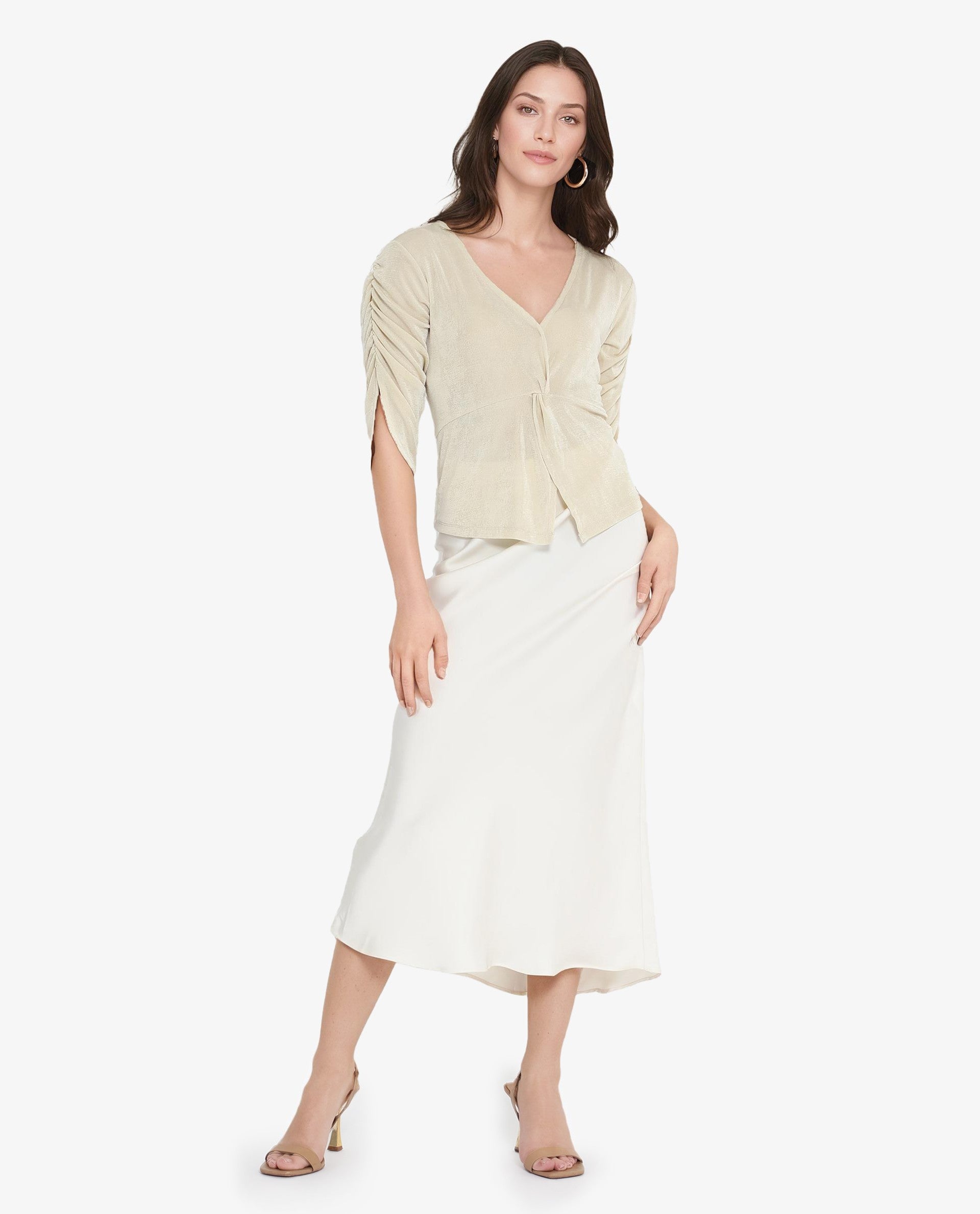 Rareism Women's Tangiren Light Beige Polyester V-Neck Plain Gathered Sleeve Regular Fit Top