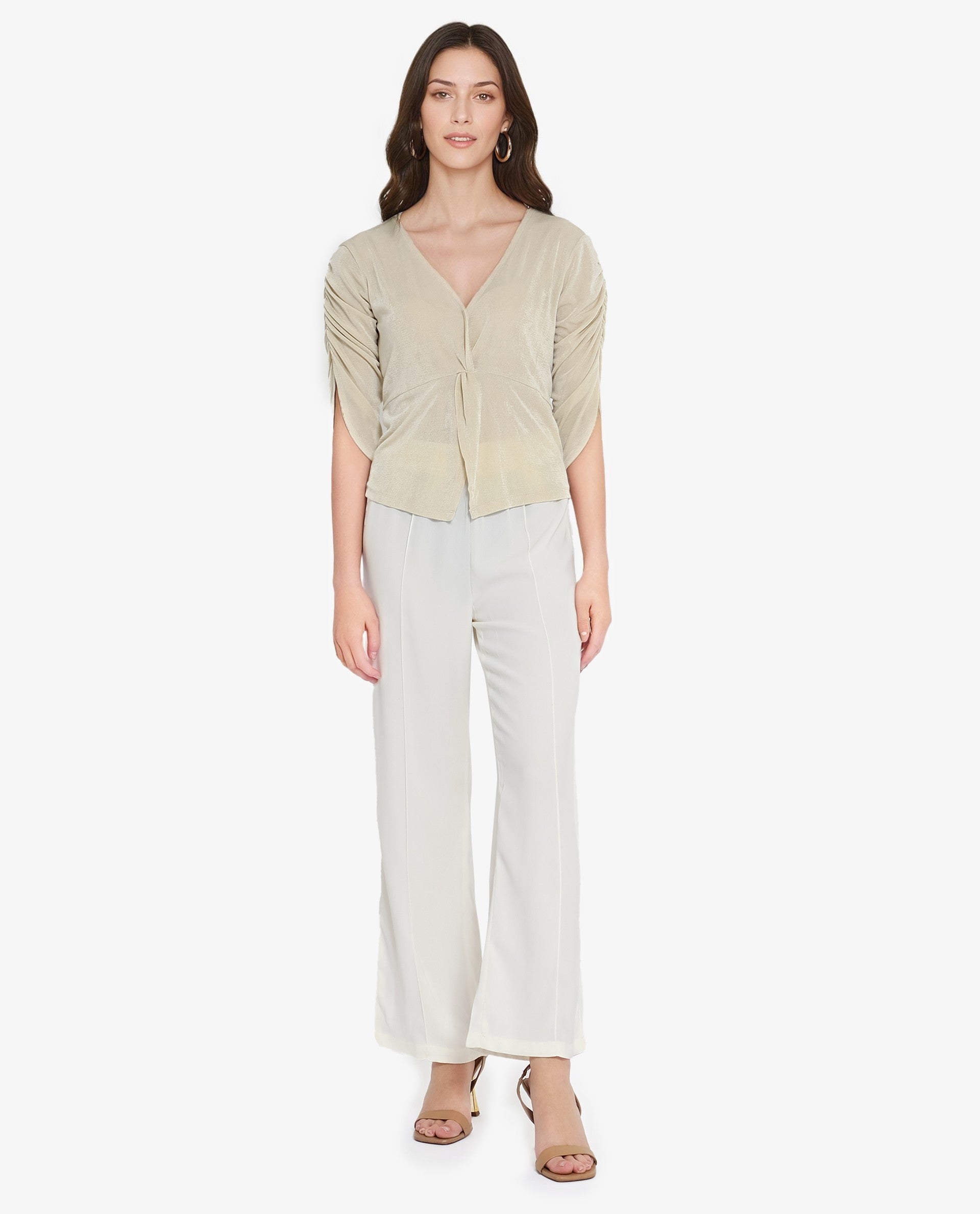 Rareism Women's Tangiren Light Beige Polyester V-Neck Plain Gathered Sleeve Regular Fit Top