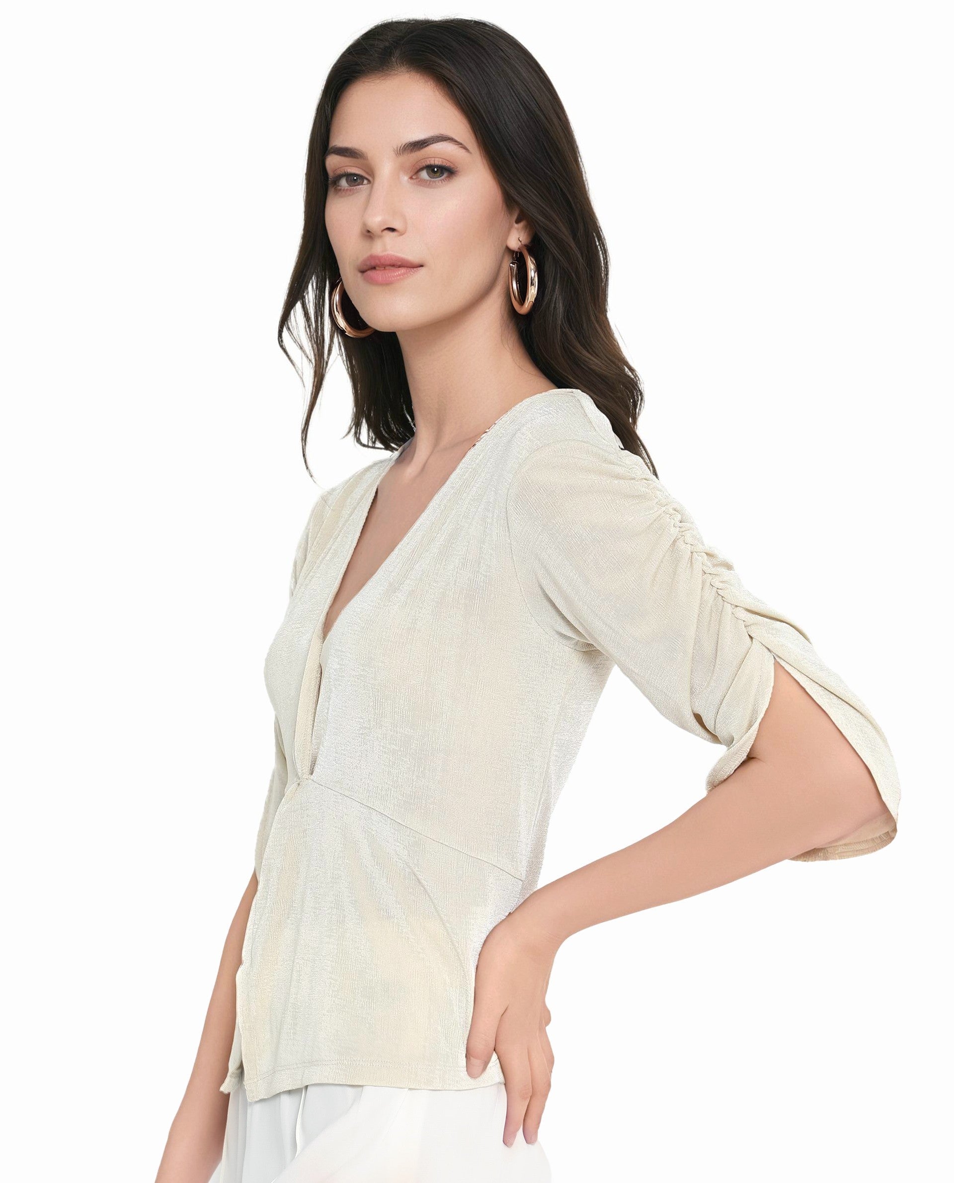 Rareism Women's Tangiren Light Beige Polyester V-Neck Plain Gathered Sleeve Regular Fit Top