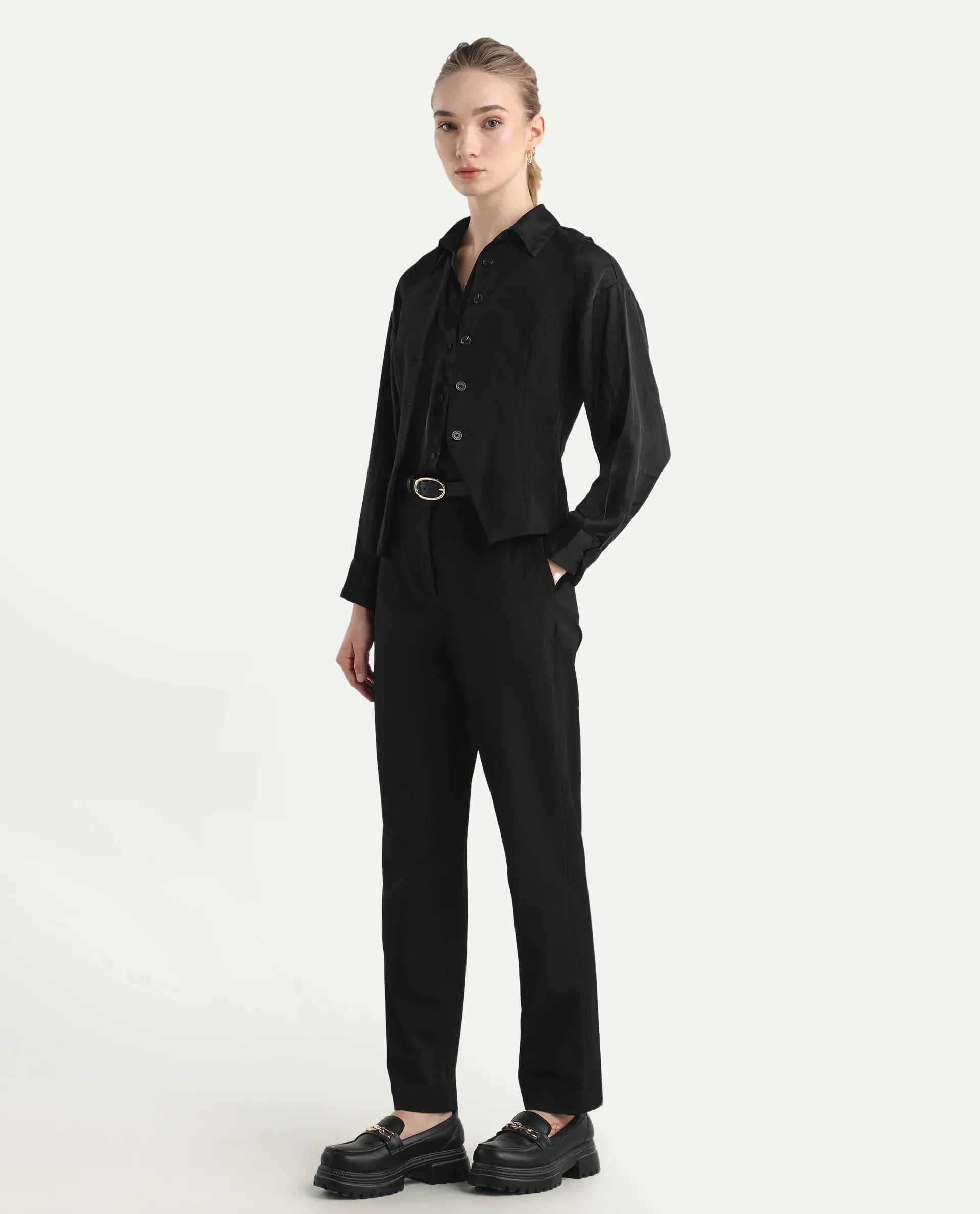 Rareism Women's Taper Black Polyester Blend Tapered Ankle Length Plain Travel Trouser