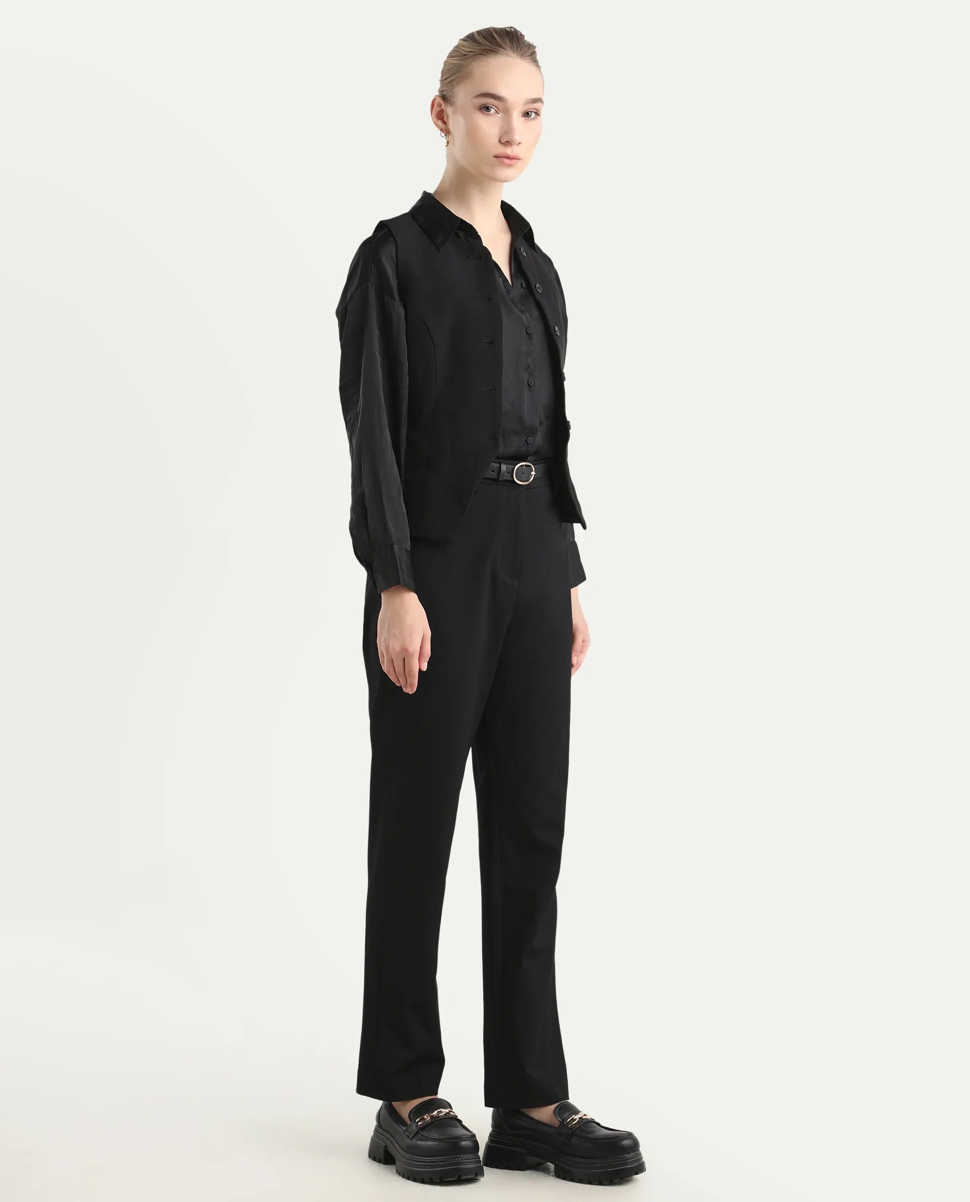 Rareism Women's Taper Black Polyester Blend Tapered Ankle Length Plain Travel Trouser