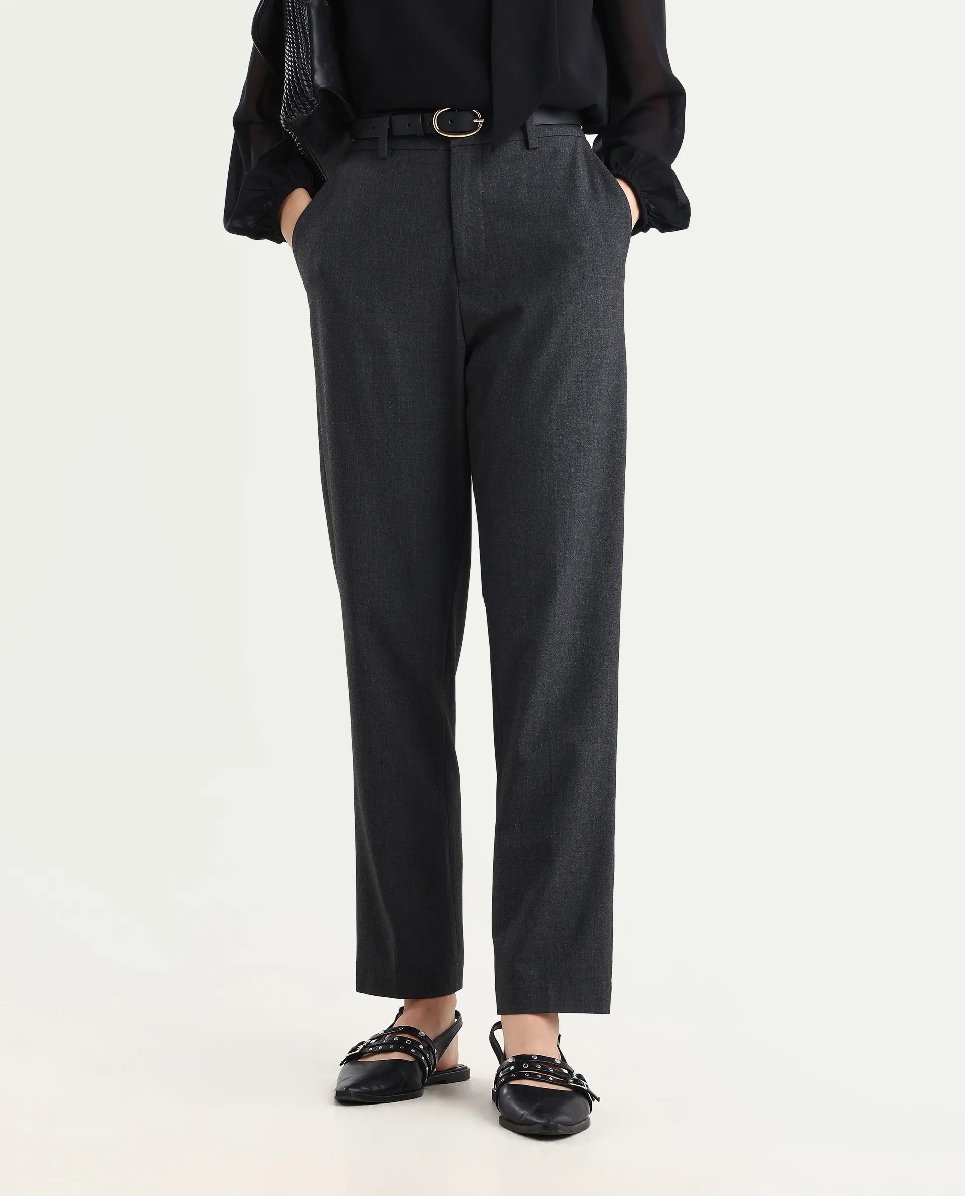 Rareism Women's Taper Grey Polyester Blend Tapered Plain Travel Trouser