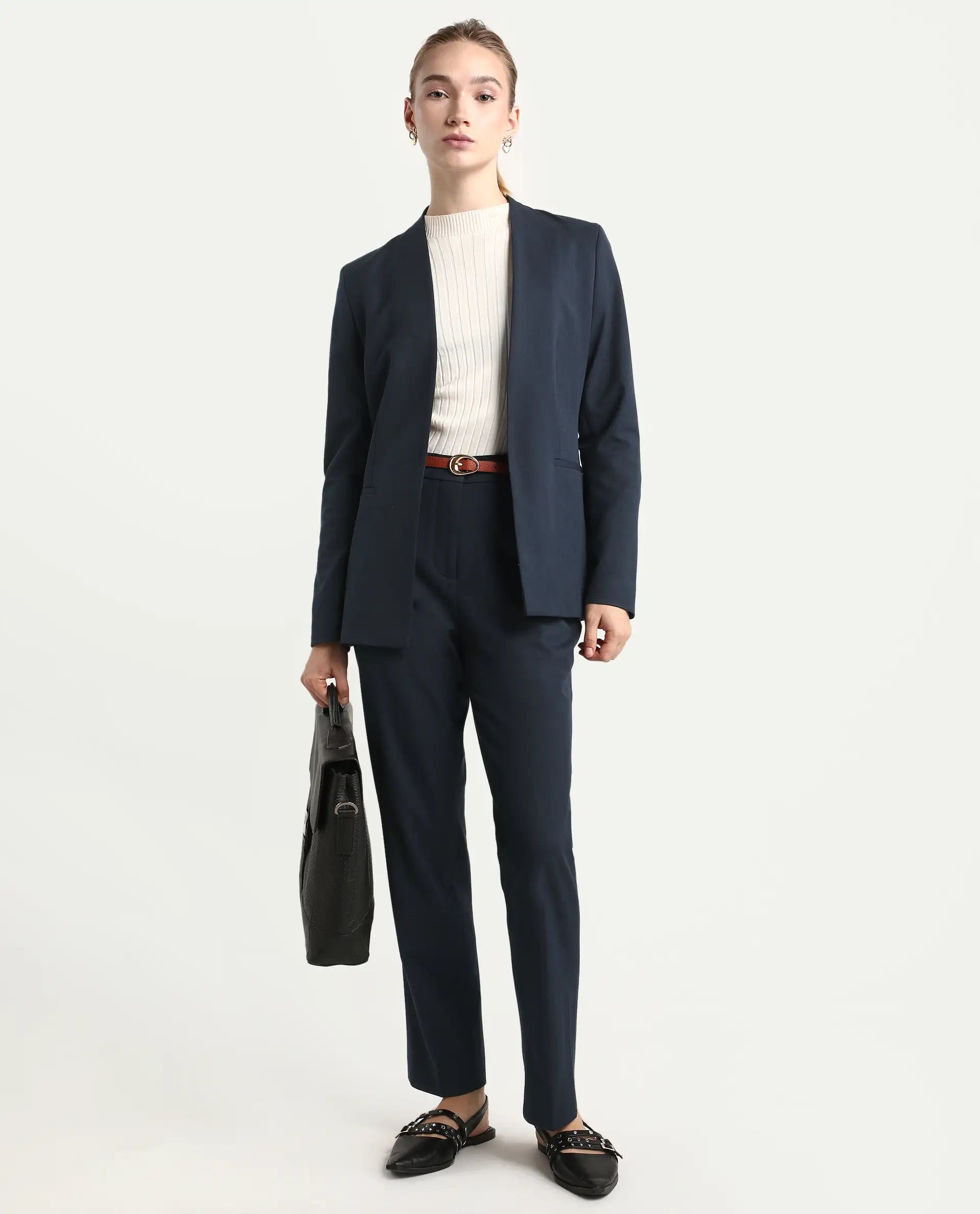 Rareism Women's Taper Navy Polyester Blend Tapered Ankle Length Plain Travel Trouser