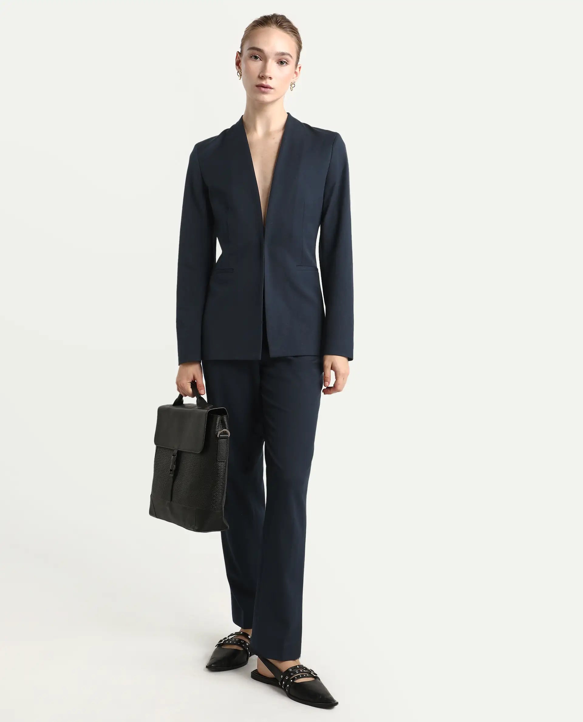 Rareism Women's Taper Navy Polyester Blend Tapered Ankle Length Plain Travel Trouser