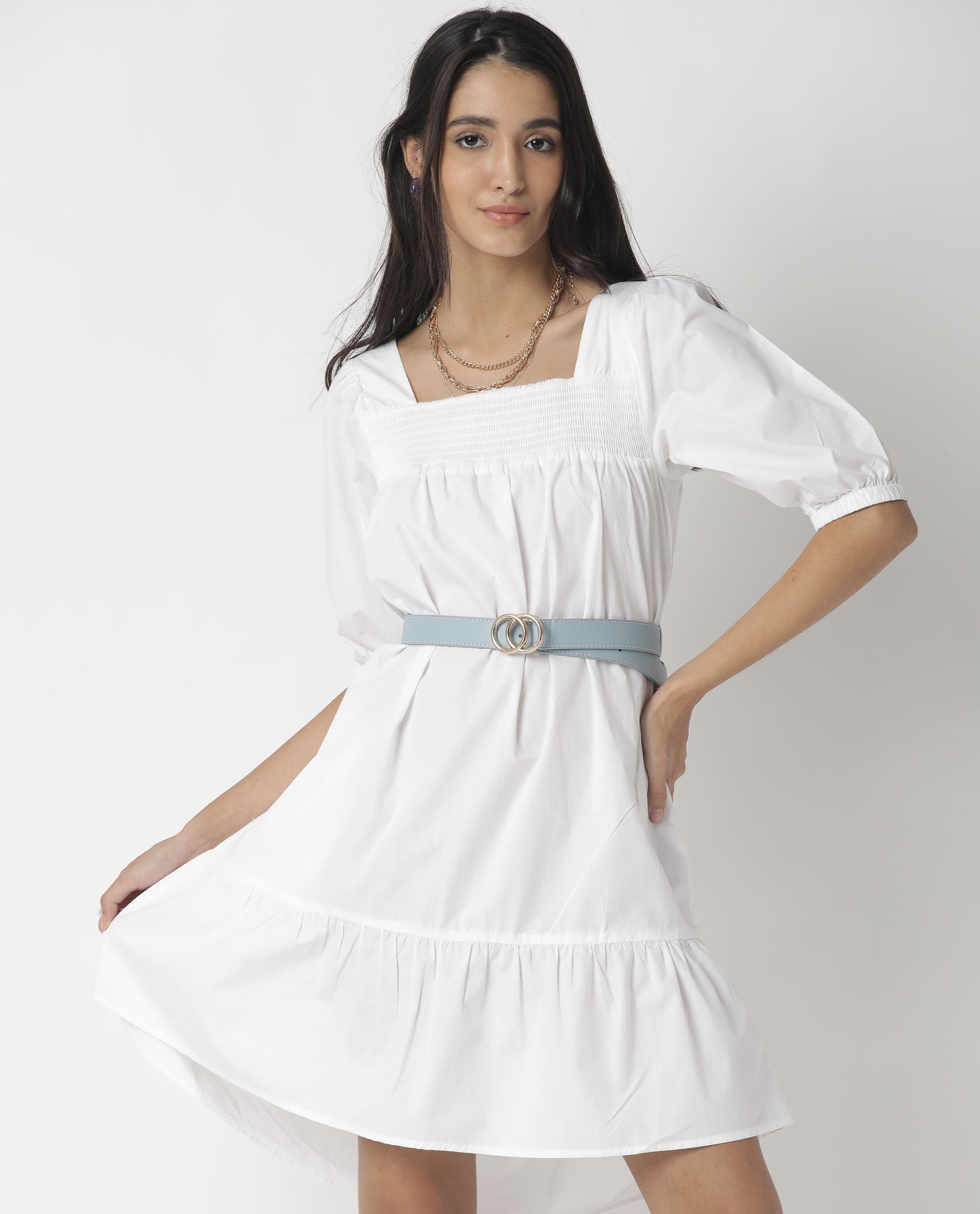 Rareism Womens Tapo White Dress Cotton Fabric Regular Fit Half Sleeve Square Neck