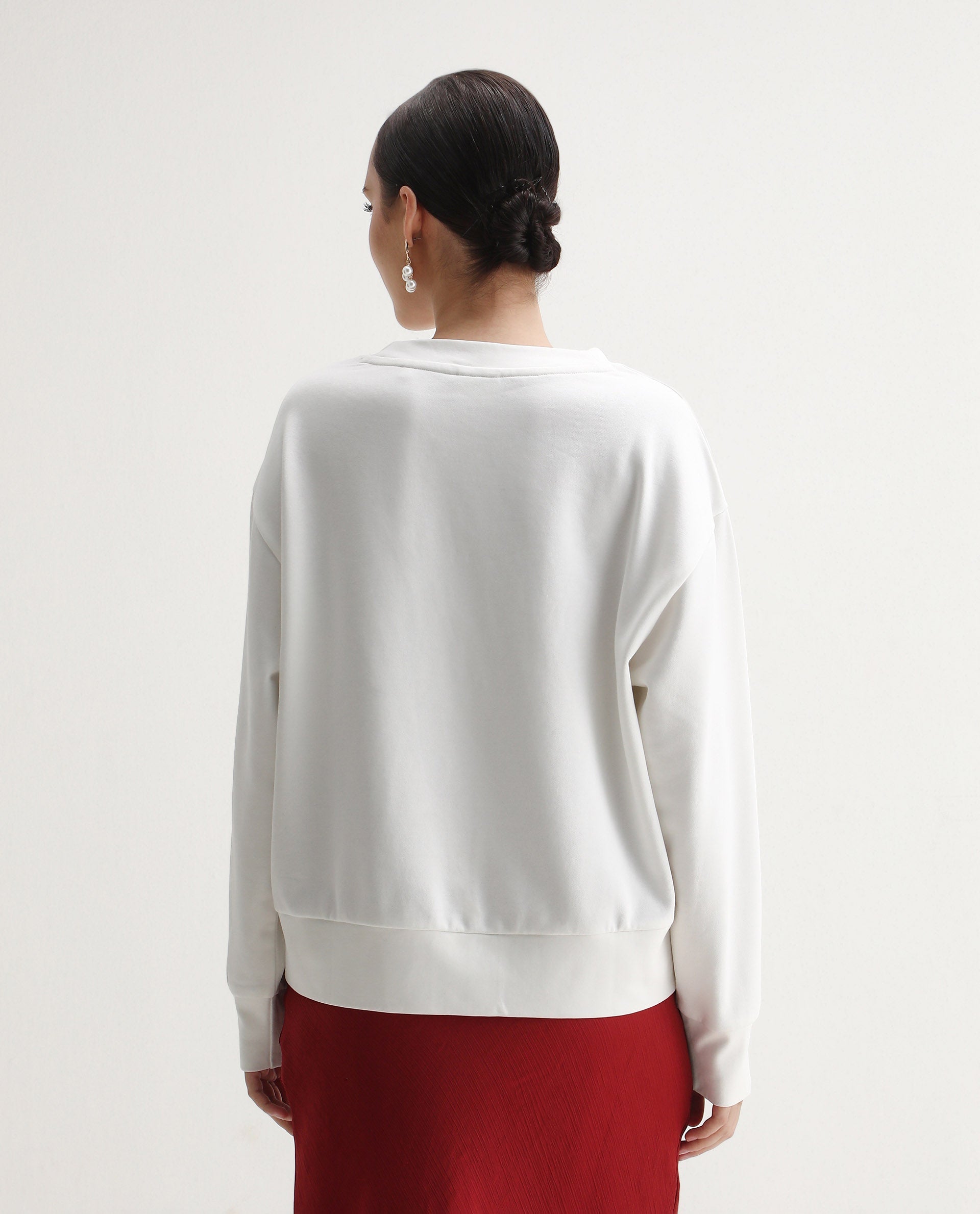 Rareism Women's Taq Off White Cotton Blend Crew Neck Relaxed Fit Graphic Print Sweatshirt