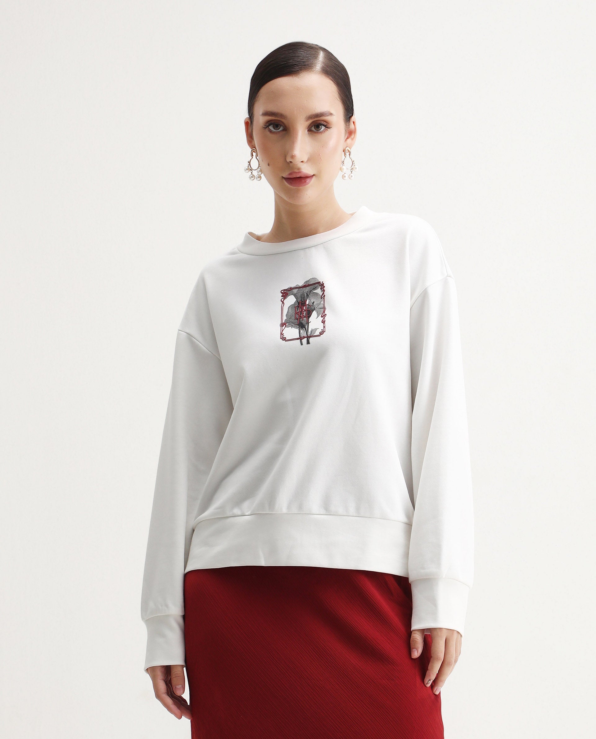 Rareism Women's Taq Off White Cotton Blend Crew Neck Relaxed Fit Graphic Print Sweatshirt