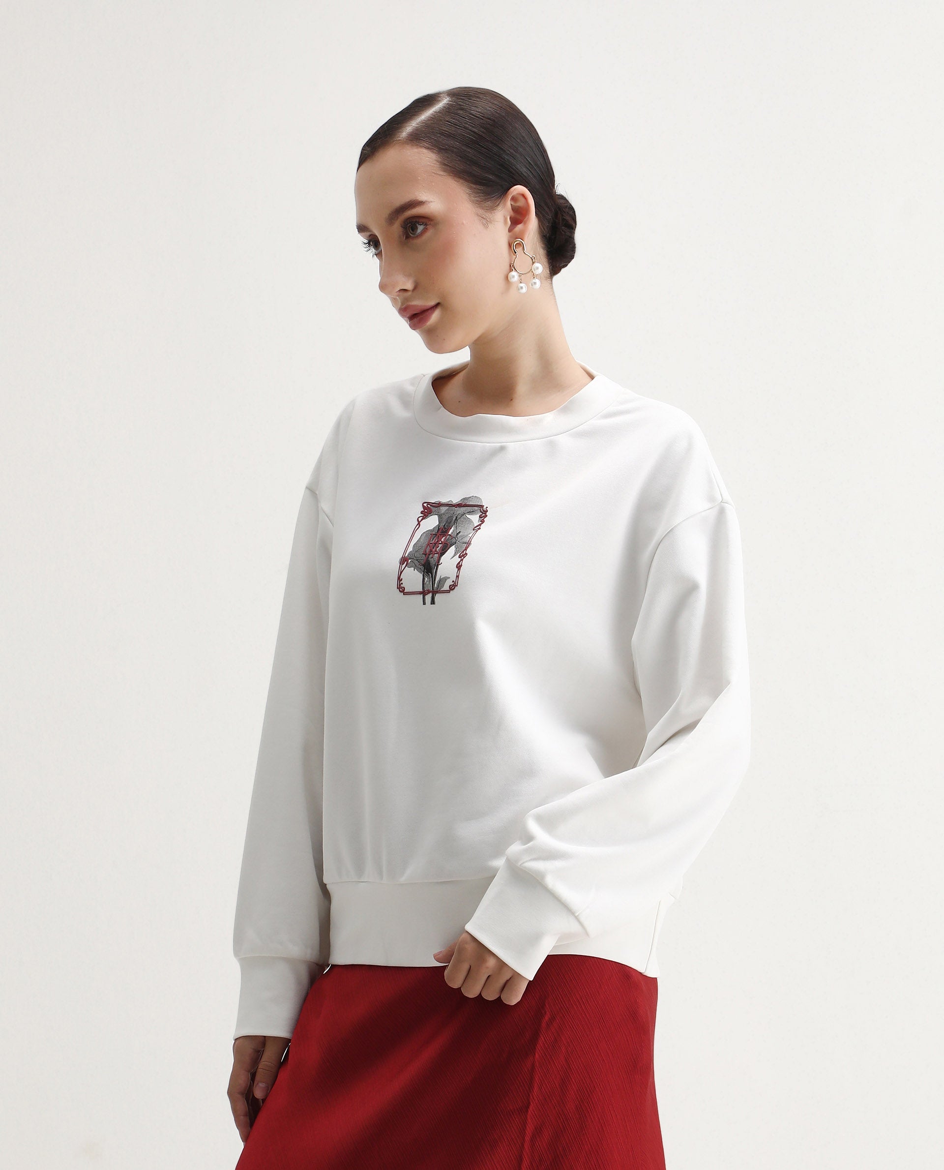 Rareism Women's Taq Off White Cotton Blend Crew Neck Relaxed Fit Graphic Print Sweatshirt