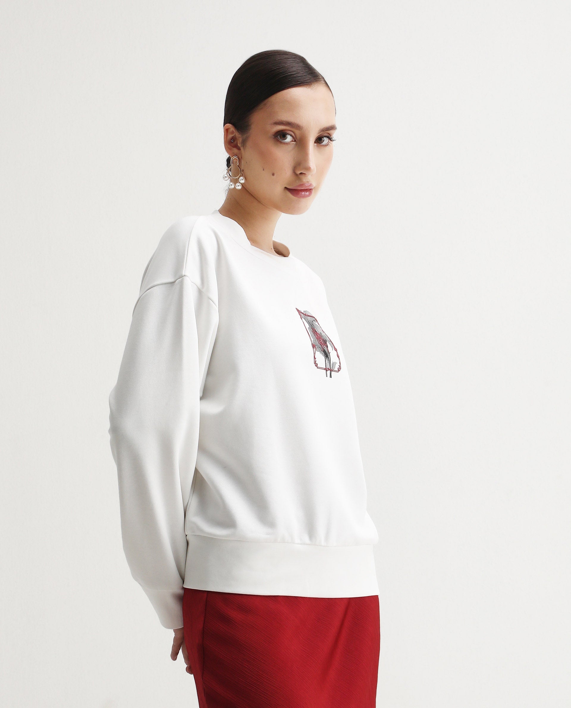 Rareism Women's Taq Off White Cotton Blend Crew Neck Relaxed Fit Graphic Print Sweatshirt