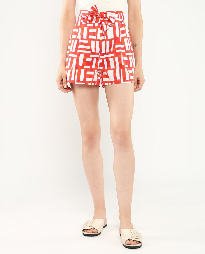 Rareism Women Taranto Red Cotton Fabric Loop Geometric Print Mini Shorts