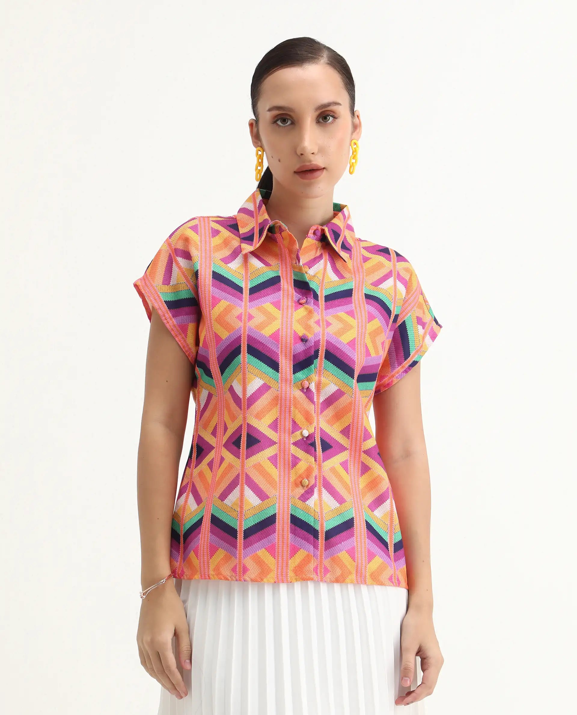 Rareism Women's Tarasa Multi Linen Spread Collar Geometric Print Extended Sleeves Regular Fit Top