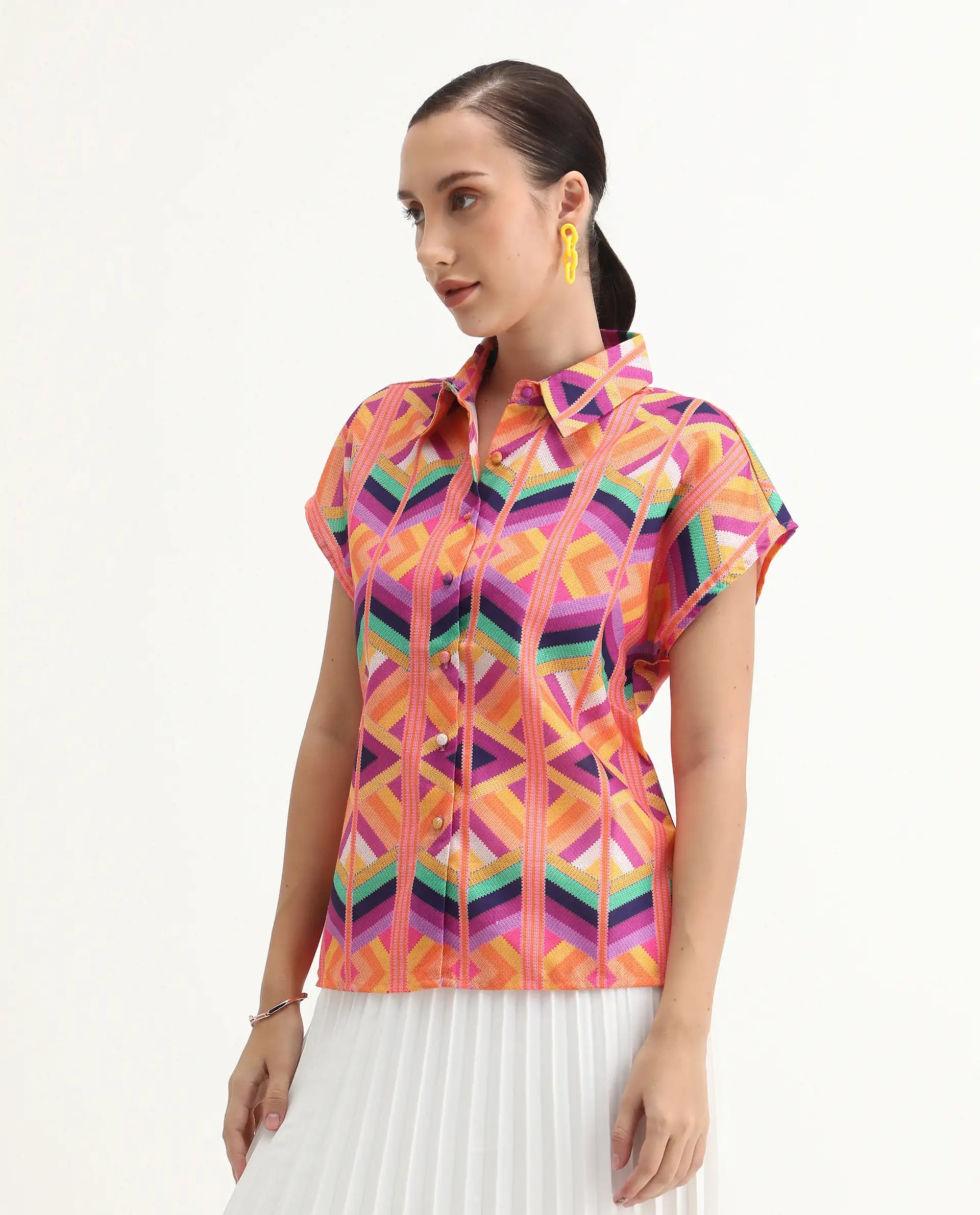Rareism Women's Tarasa Multi Linen Spread Collar Geometric Print Extended Sleeves Regular Fit Top