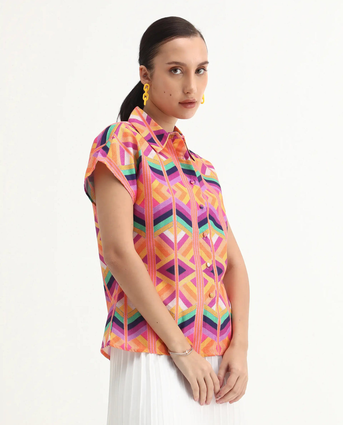 Rareism Women's Tarasa Multi Linen Spread Collar Geometric Print Extended Sleeves Regular Fit Top