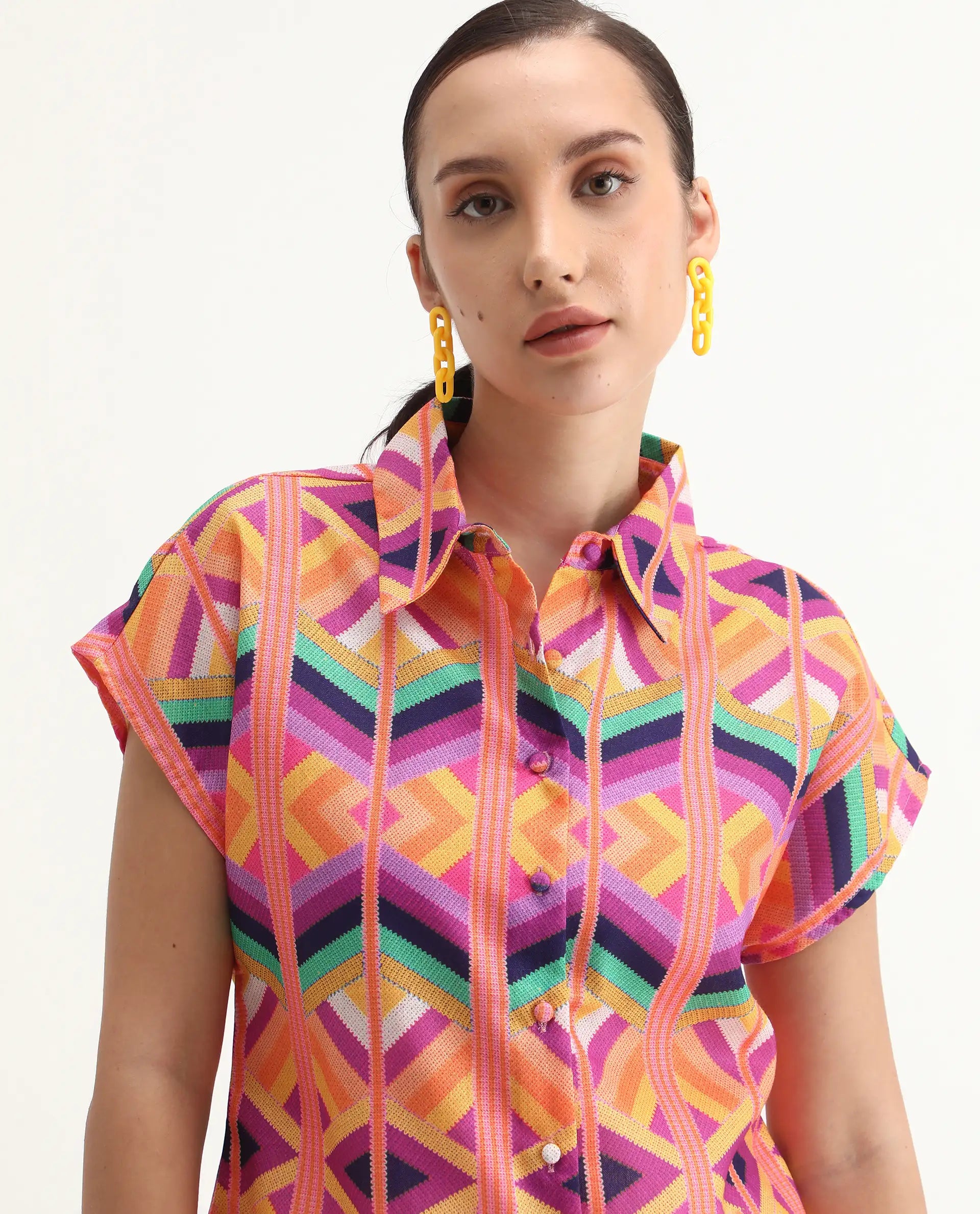 Rareism Women's Tarasa Multi Linen Spread Collar Geometric Print Extended Sleeves Regular Fit Top