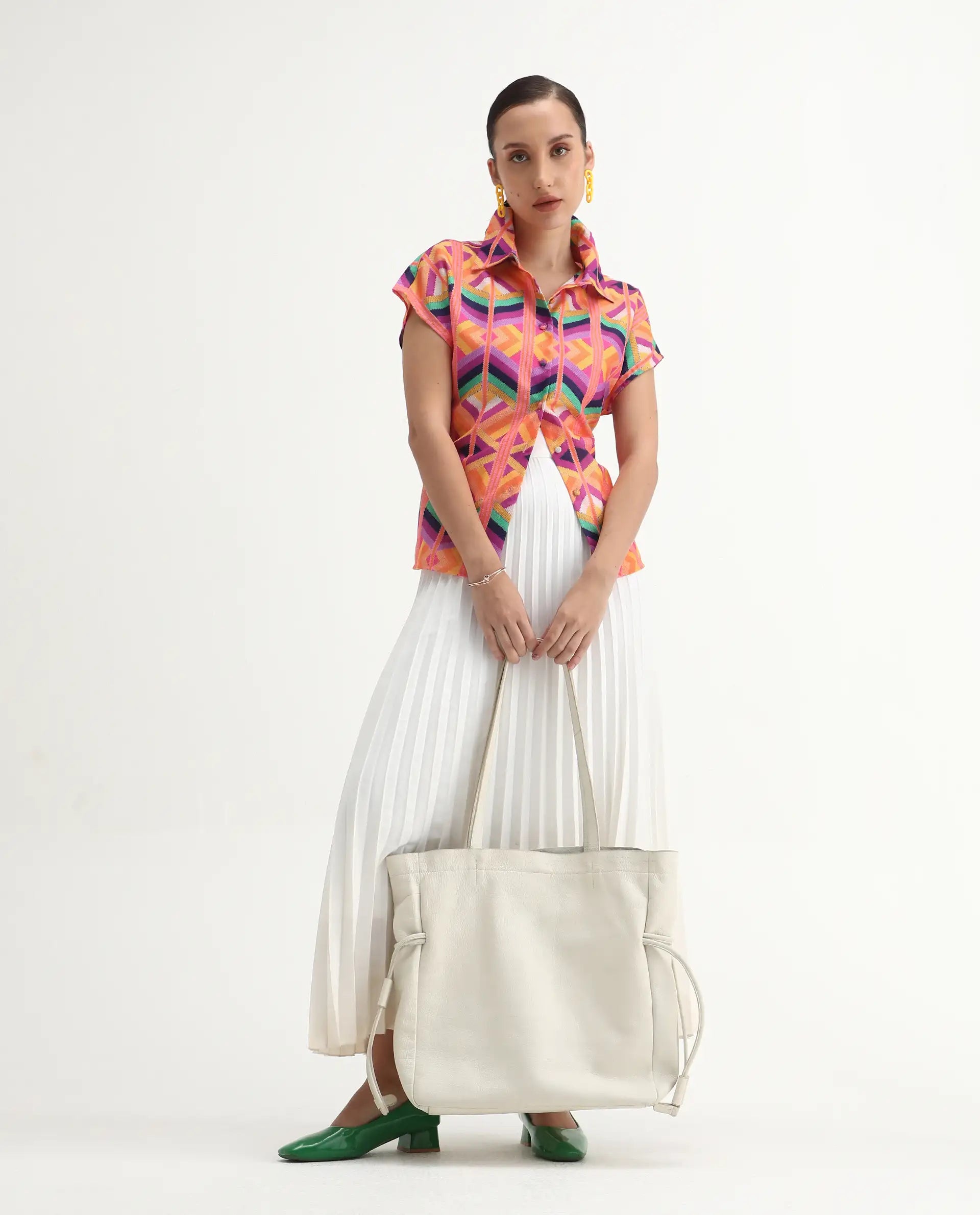 Rareism Women's Tarasa Multi Linen Spread Collar Geometric Print Extended Sleeves Regular Fit Top