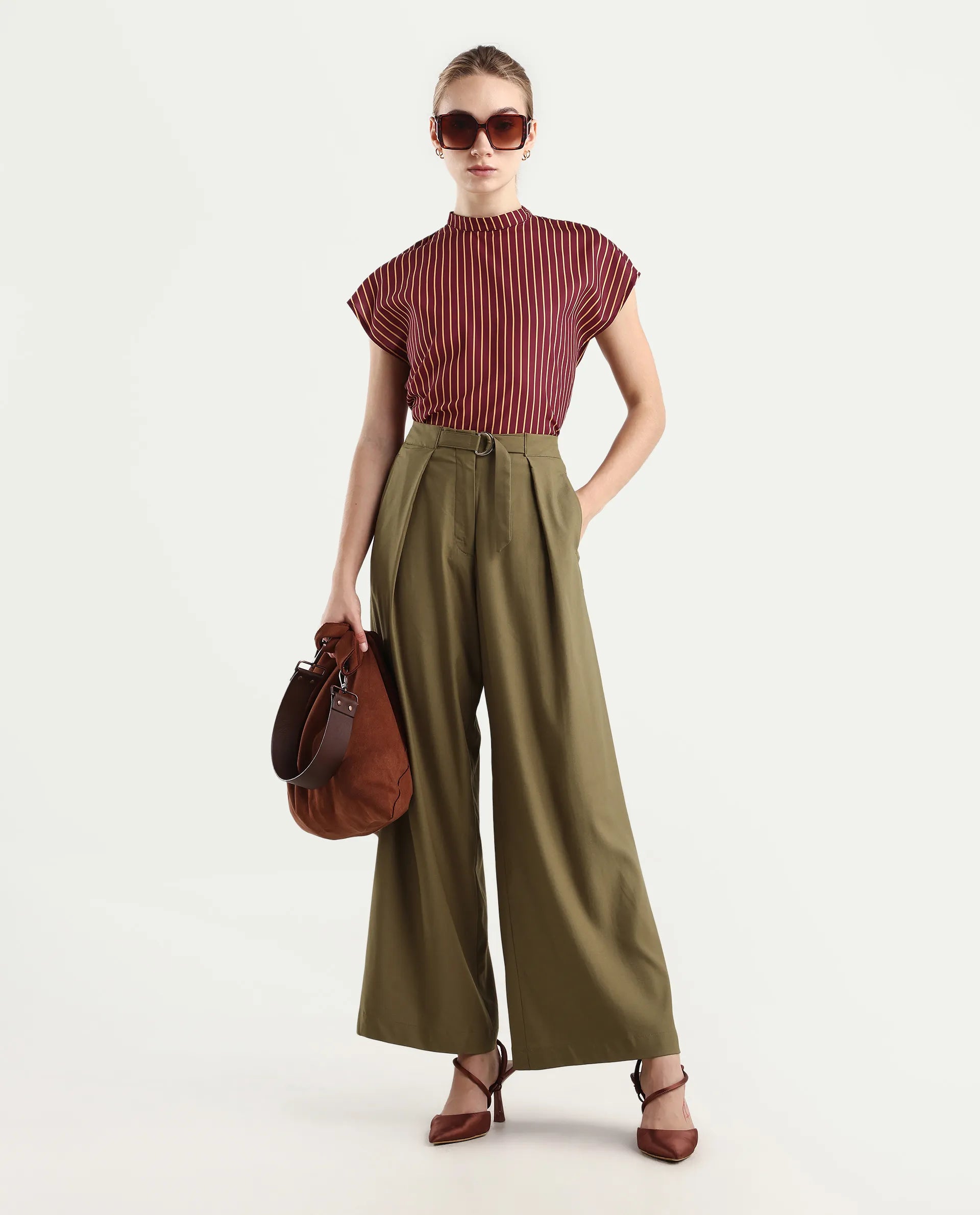 Rareism Women's Tarina Mustard Viscose Blend Plain Ankle Length Wide Trouser