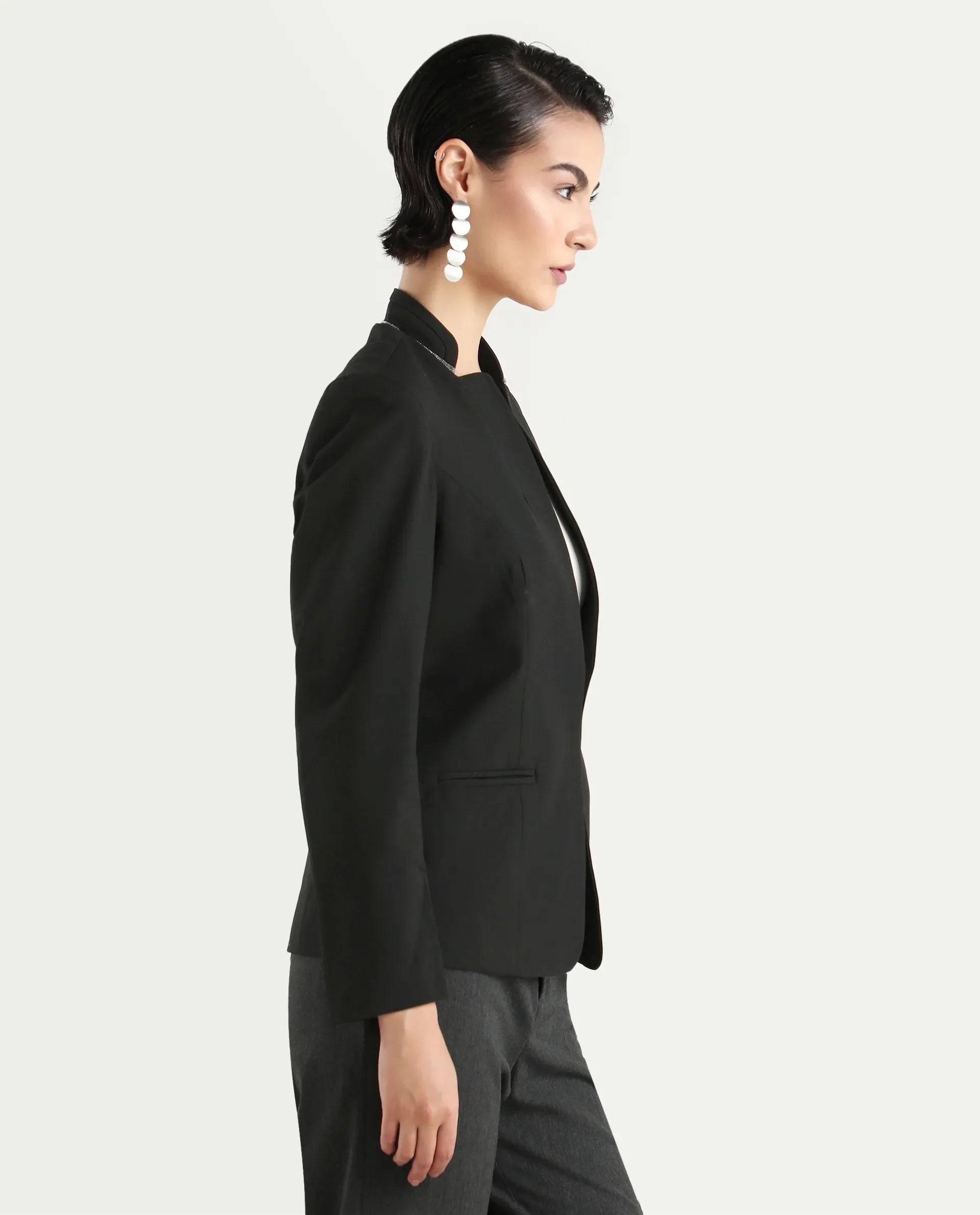 Rareism Women's Tasmania Black Cotton Blend Mandarin Collar Plain Regular Fit Jacket