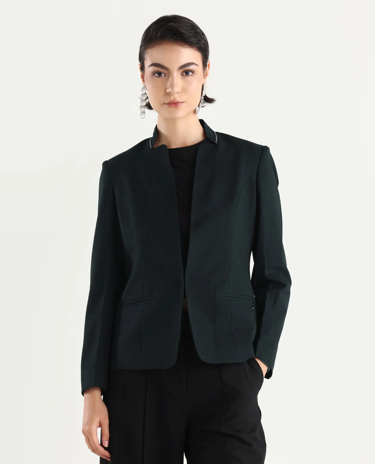 Rareism Women's Tasmania Dark Green Mandarin Collar Plain Regular Fit Blazer