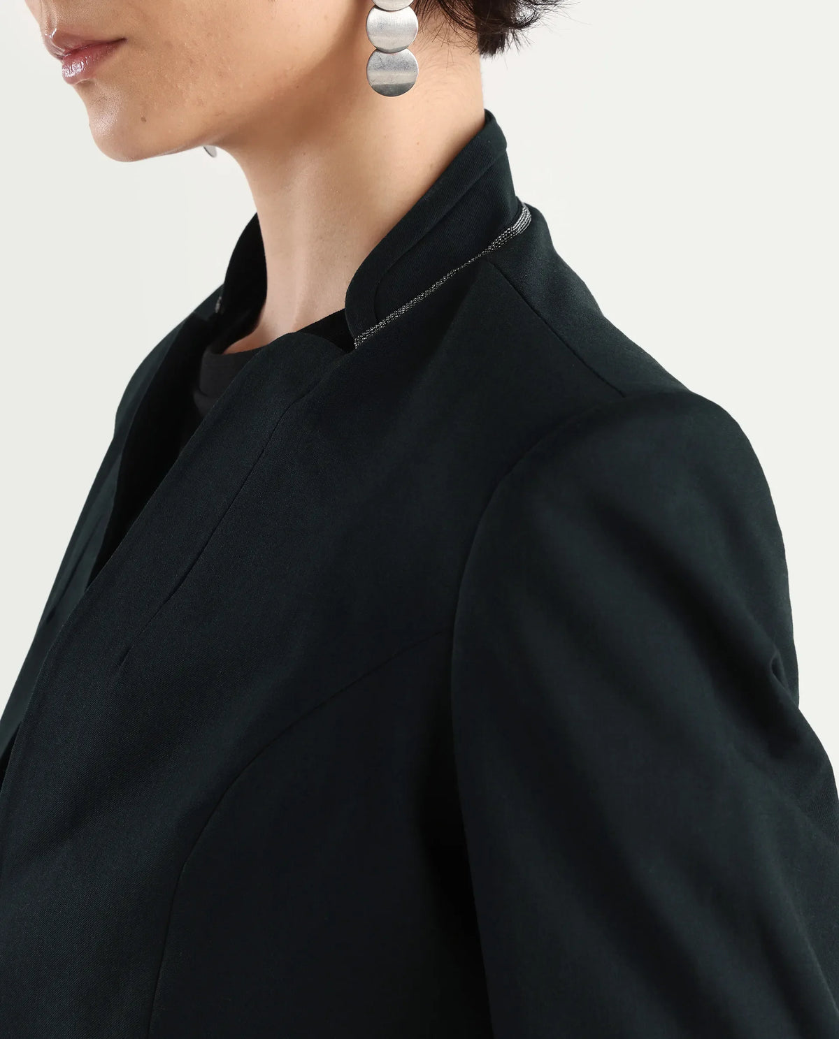 Rareism Women's Tasmania Dark Green Mandarin Collar Plain Regular Fit Blazer