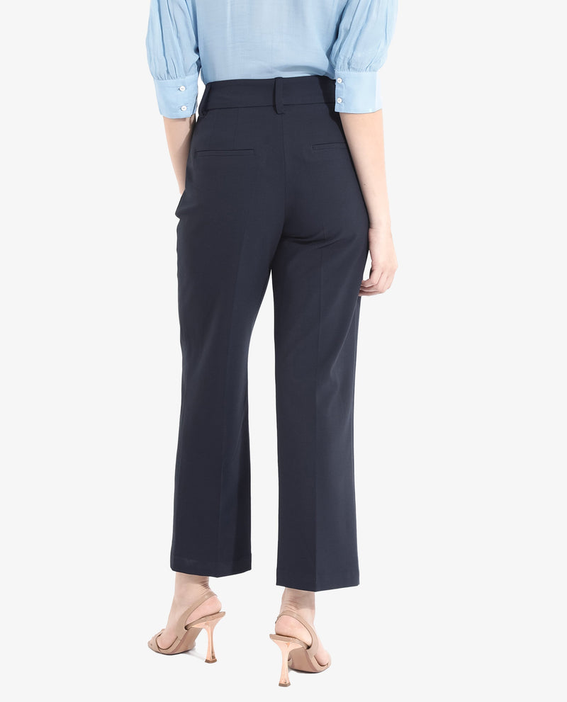 Rareism Women Tatsa Navy Button Closure Straight Fit Ankle Length Plain Trouser