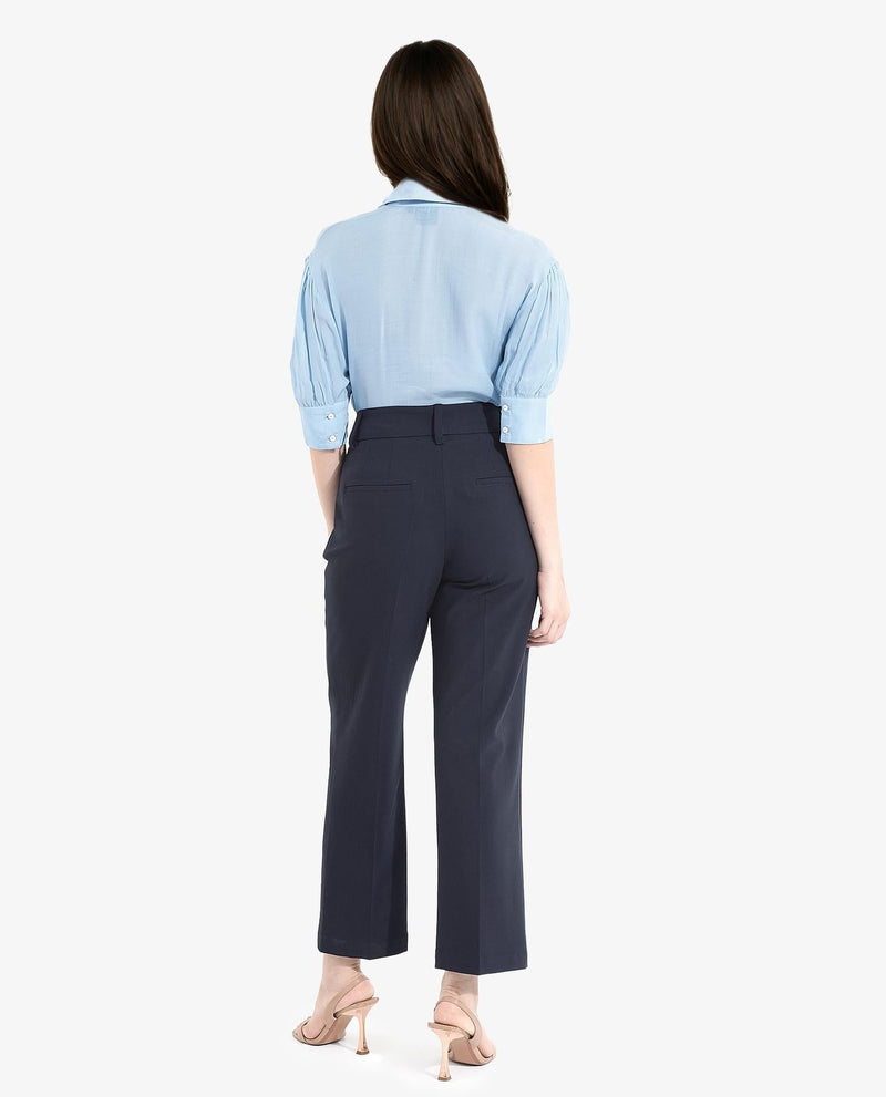 Rareism Women Tatsa Navy Button Closure Straight Fit Ankle Length Plain Trouser