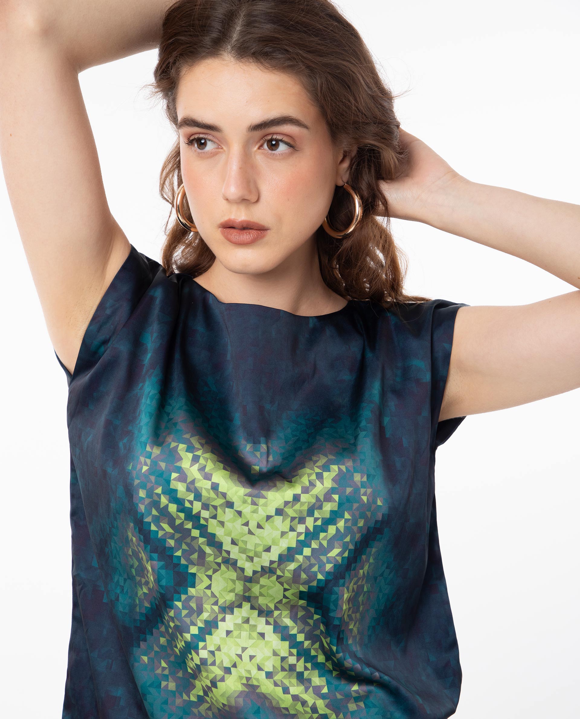 Rareism Women Taube Multi Polyester Fabric Short Sleeves Boat Neck Extended Sleeve Regular Fit Abstract Print Top