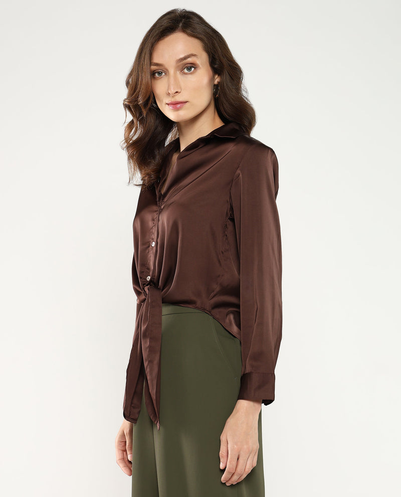 Rareism Women Teen Brown Cuffed Sleeve Collared Collar Button Plain Top