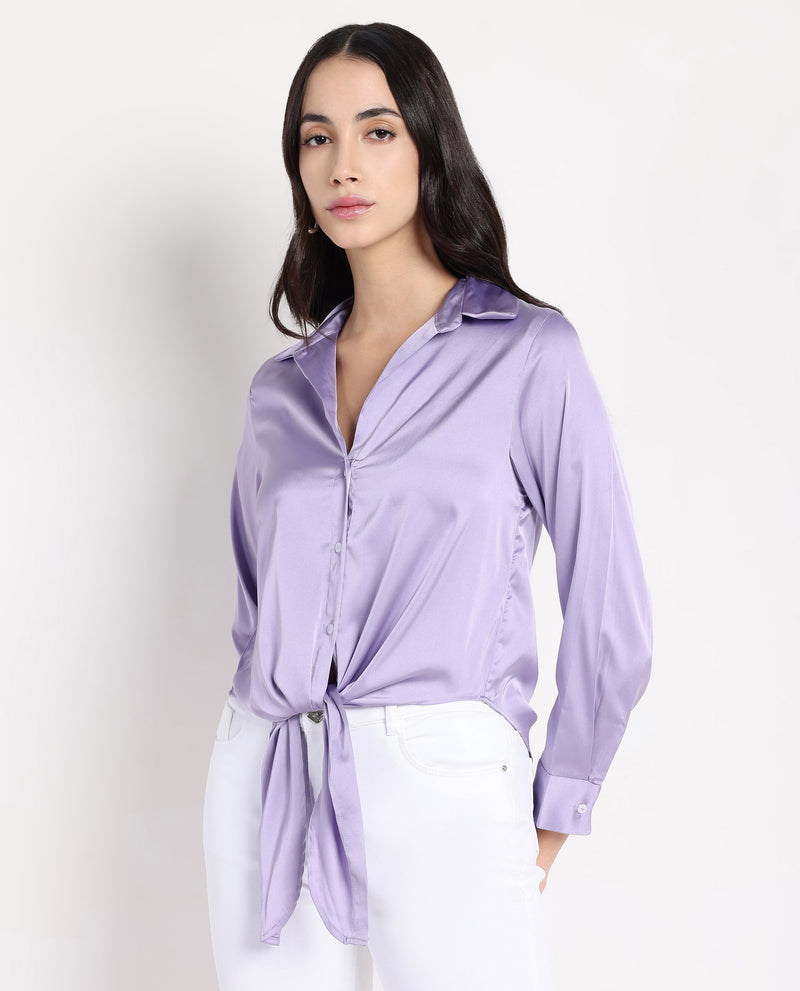 Rareism Women Teen Light Purple Cuffed Sleeve Collared Collar Button Plain Top