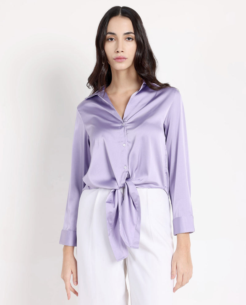 Rareism Women Teen Light Purple Cuffed Sleeve Collared Collar Button Plain Top