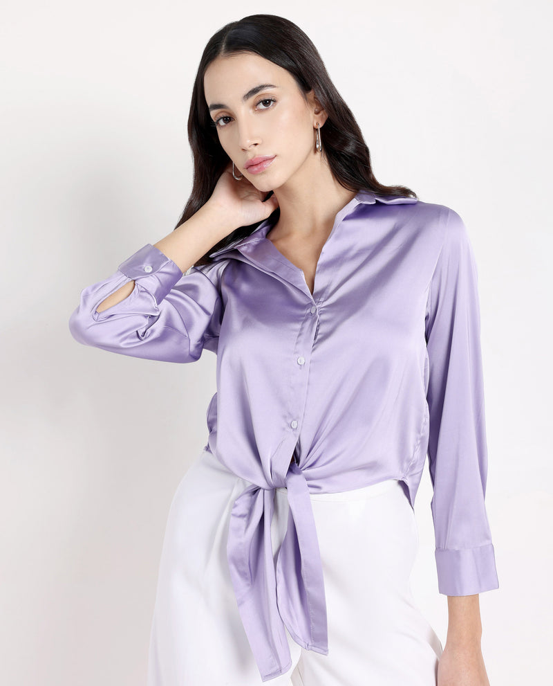 Rareism Women Teen Light Purple Cuffed Sleeve Collared Collar Button Plain Top