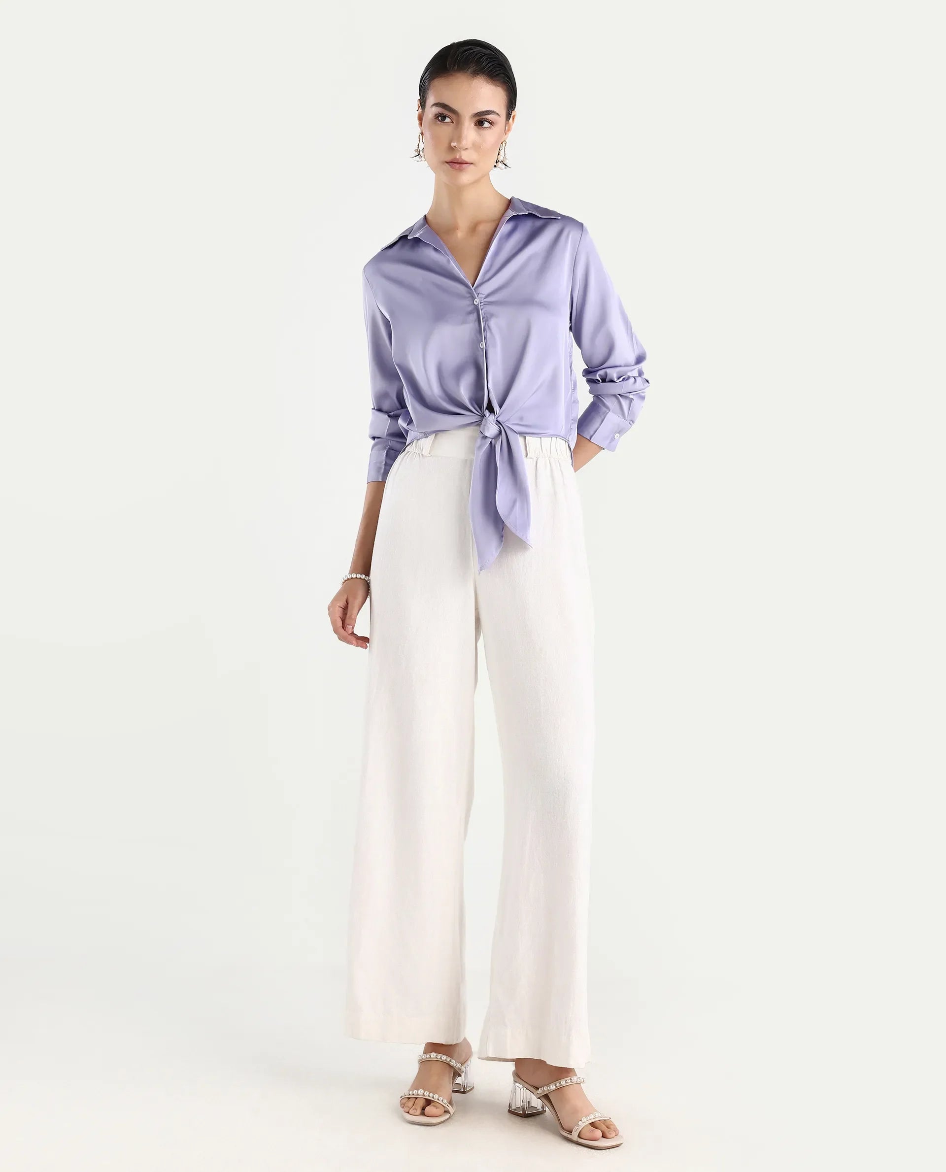 Rareism Women's Teen Light Purple Satin Drop Collar Plain Cuffed Sleeve Regular Fit Top
