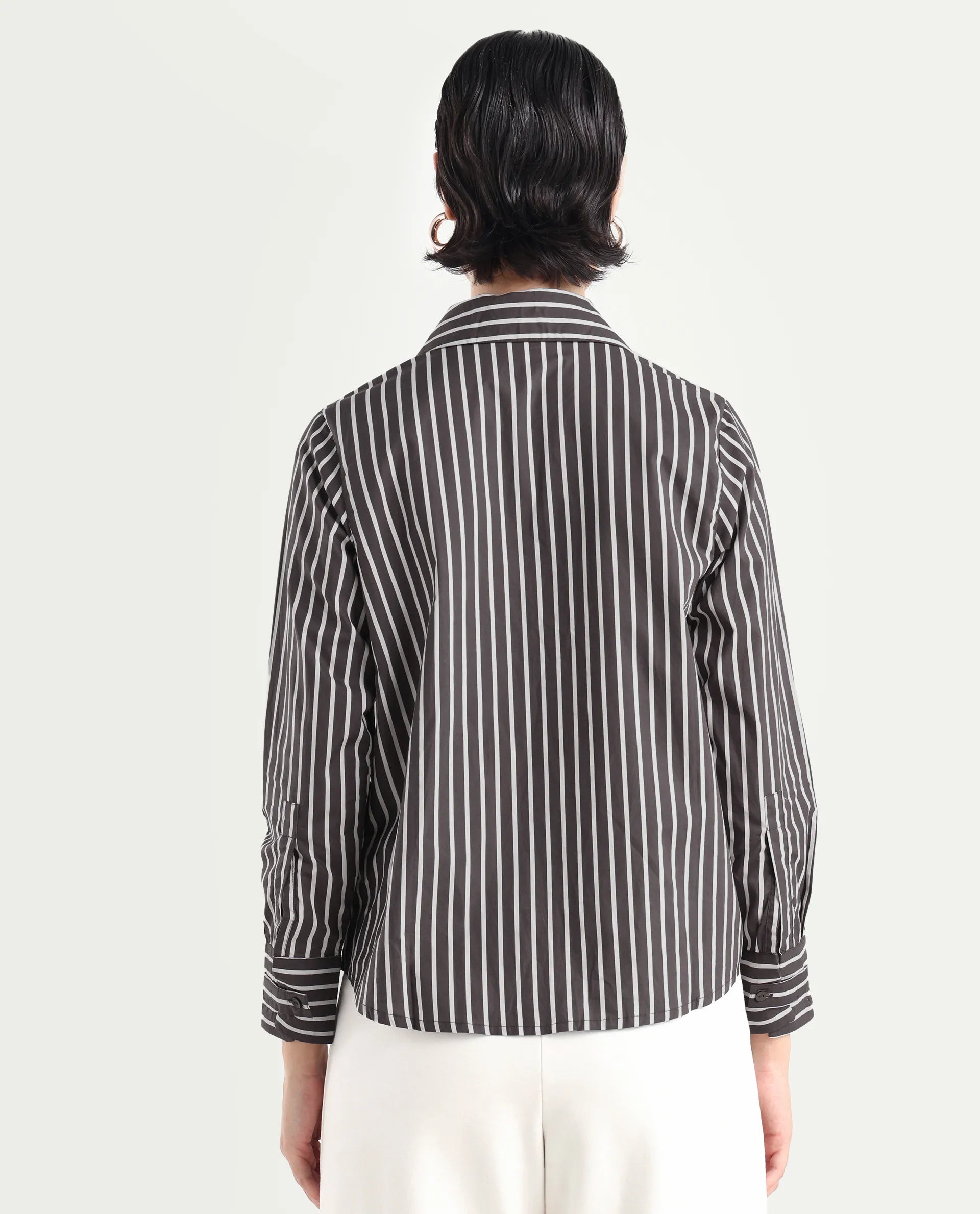 Rareism Women's Teevee Brown Cotton Drop Collar Striped Cuffed Sleeve Regular Fit Shirt