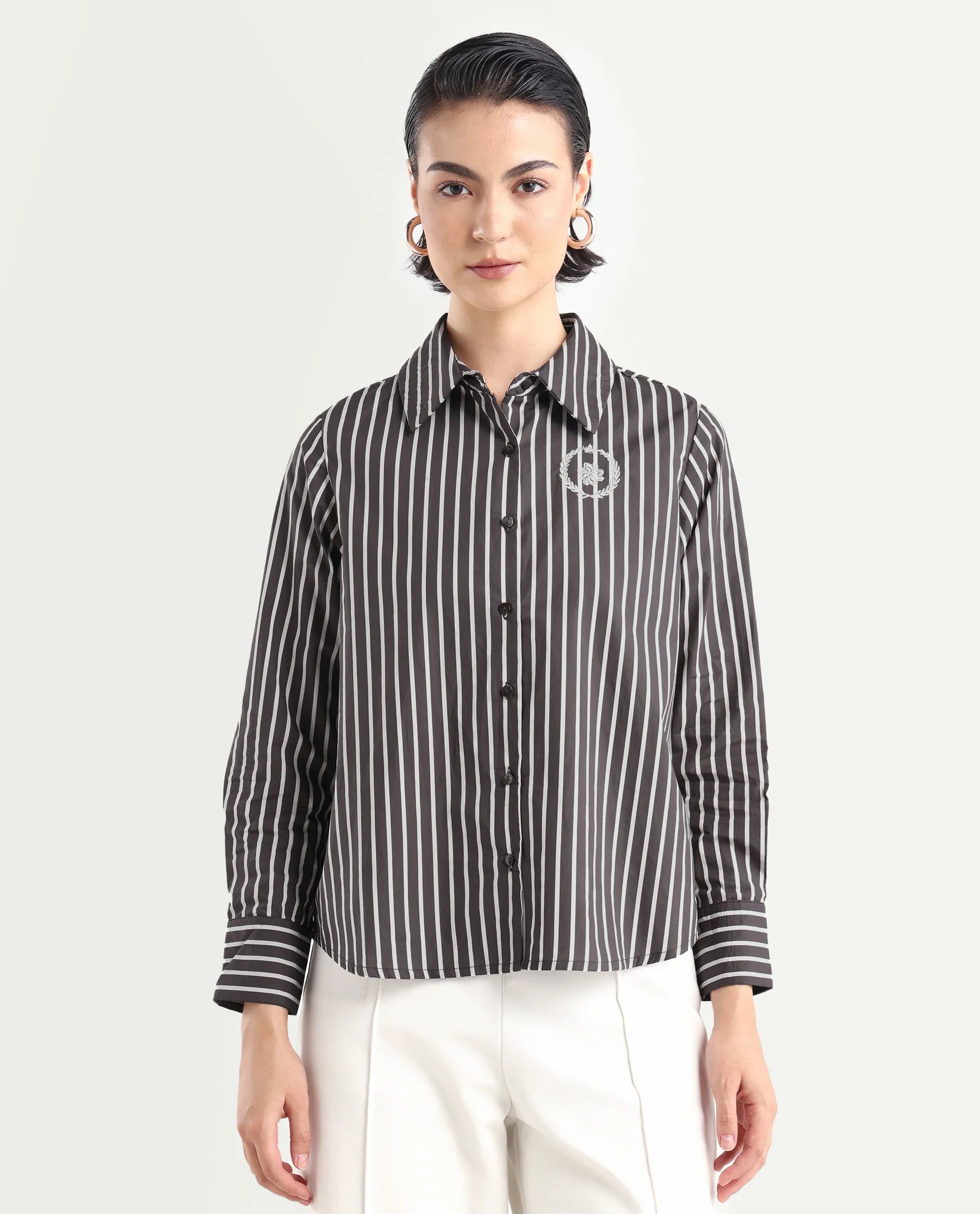 Rareism Women's Teevee Brown Cotton Drop Collar Striped Cuffed Sleeve Regular Fit Shirt