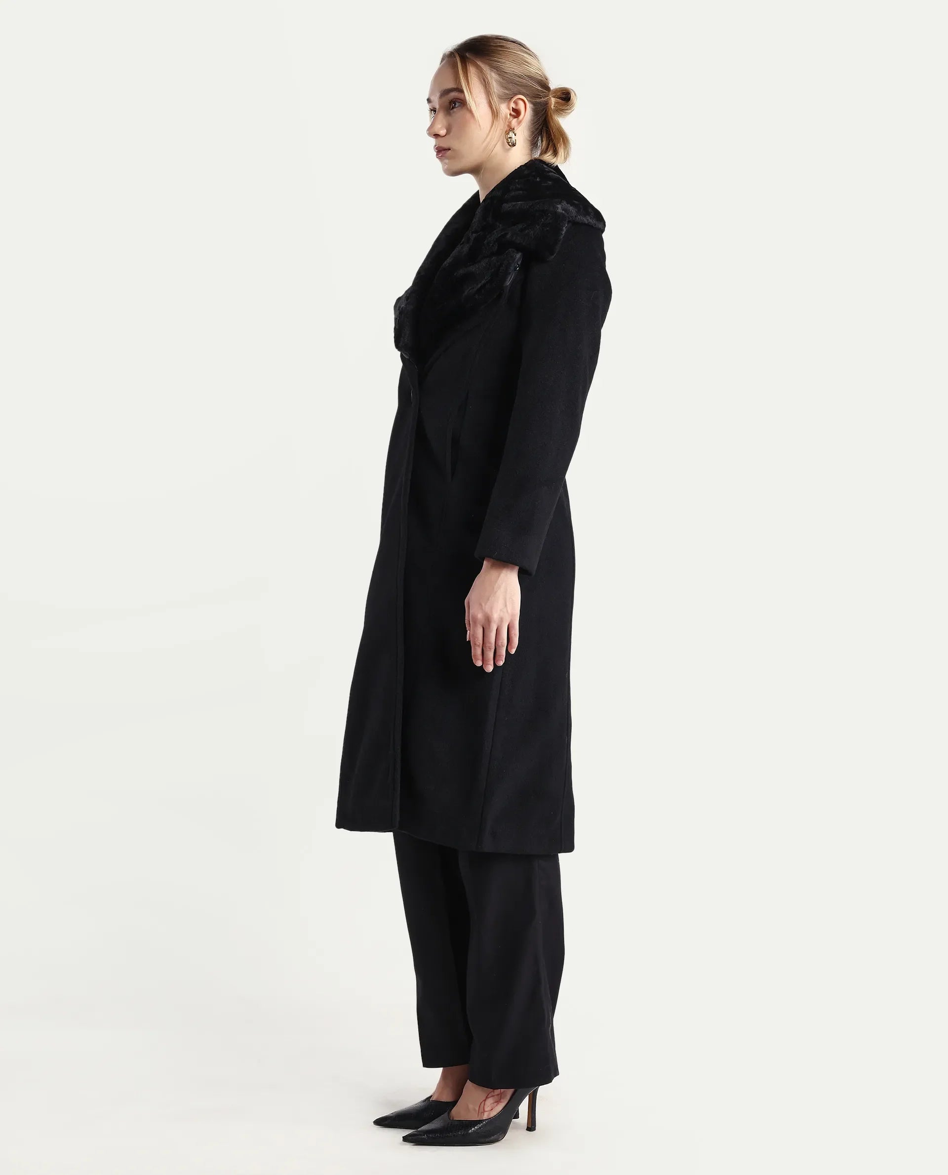 Rareism Women's Teich-25 Black Polyester Regular Fit Coat