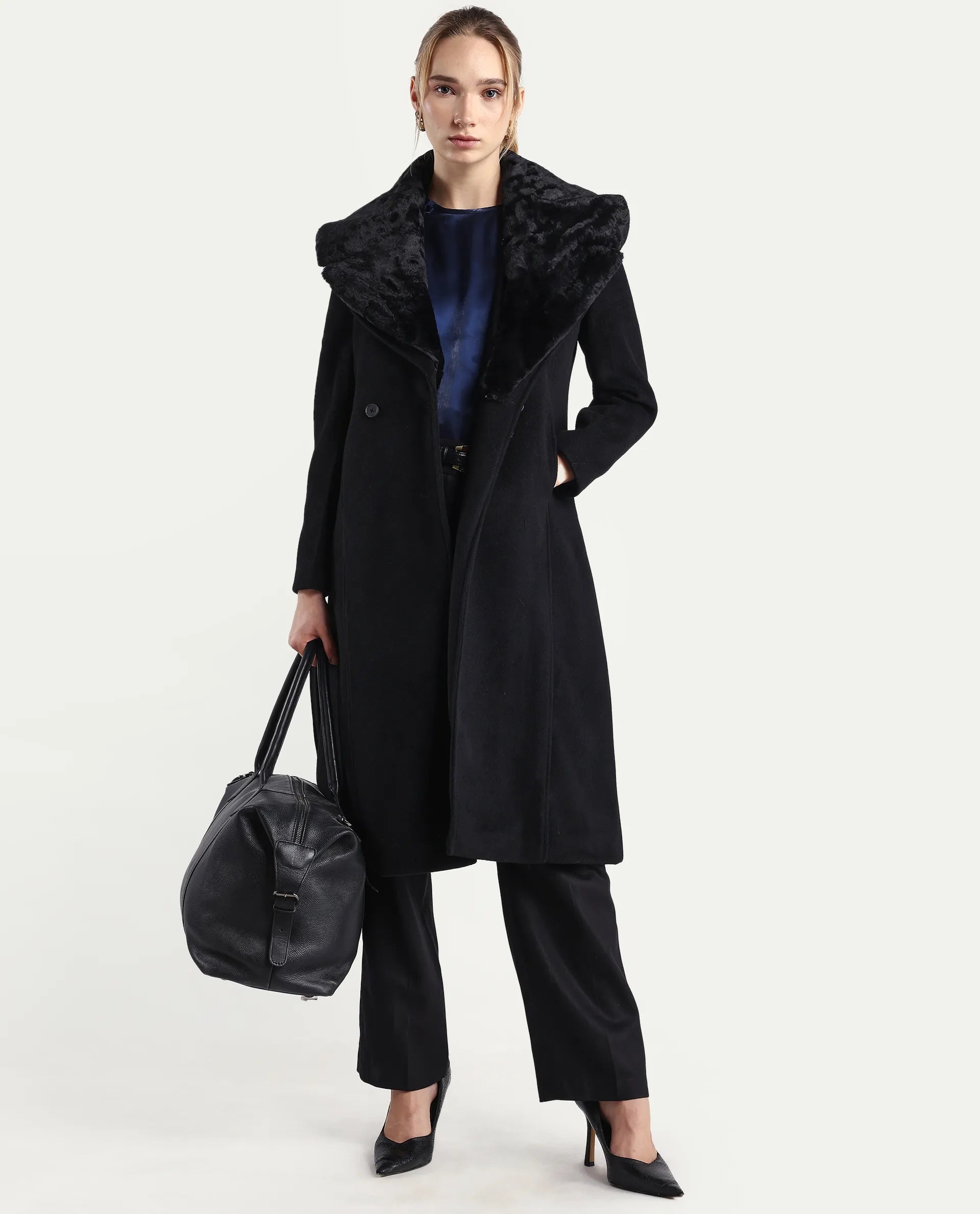 Rareism Women's Teich-25 Black Polyester Regular Fit Coat