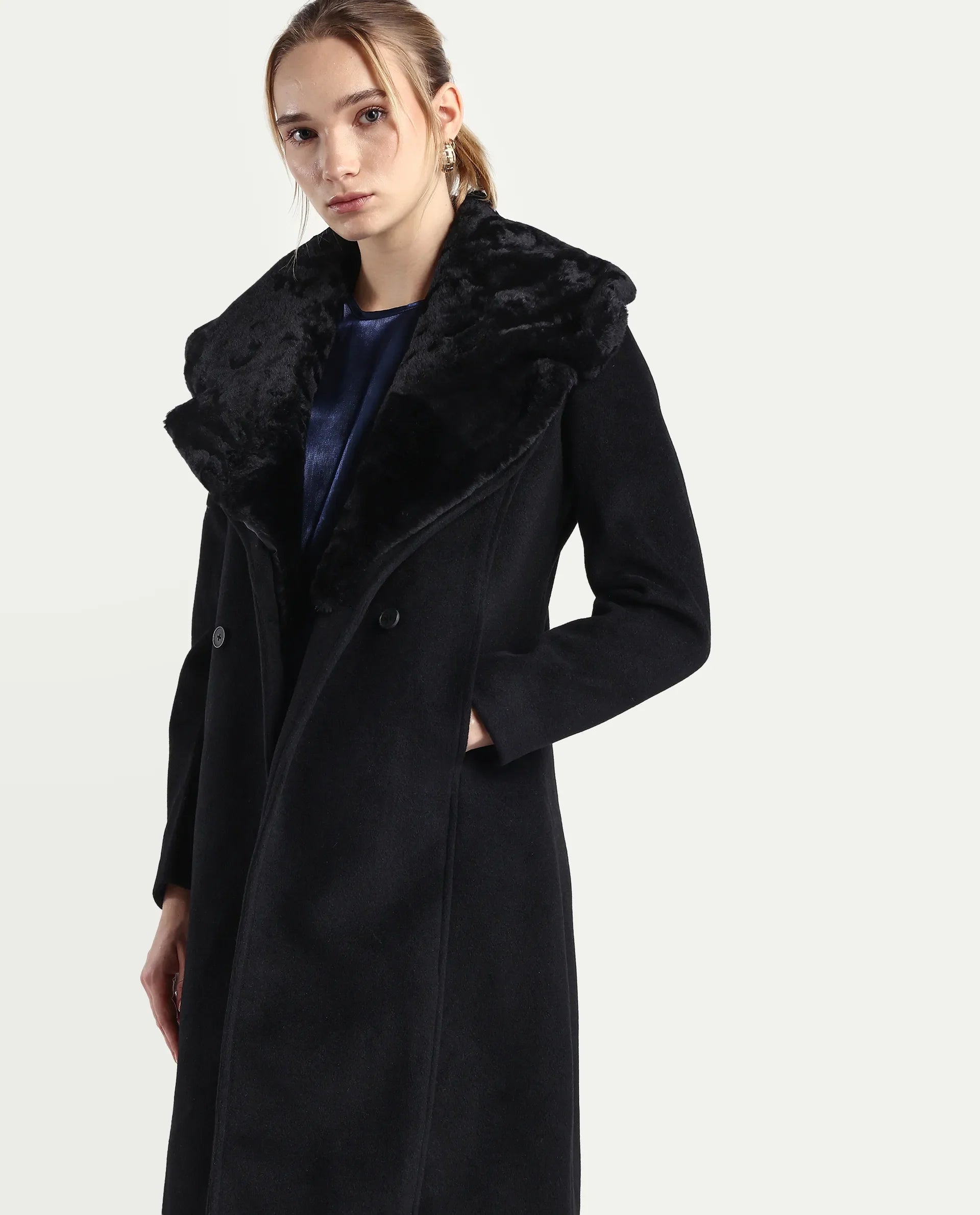 Rareism Women's Teich-25 Black Polyester Regular Fit Coat