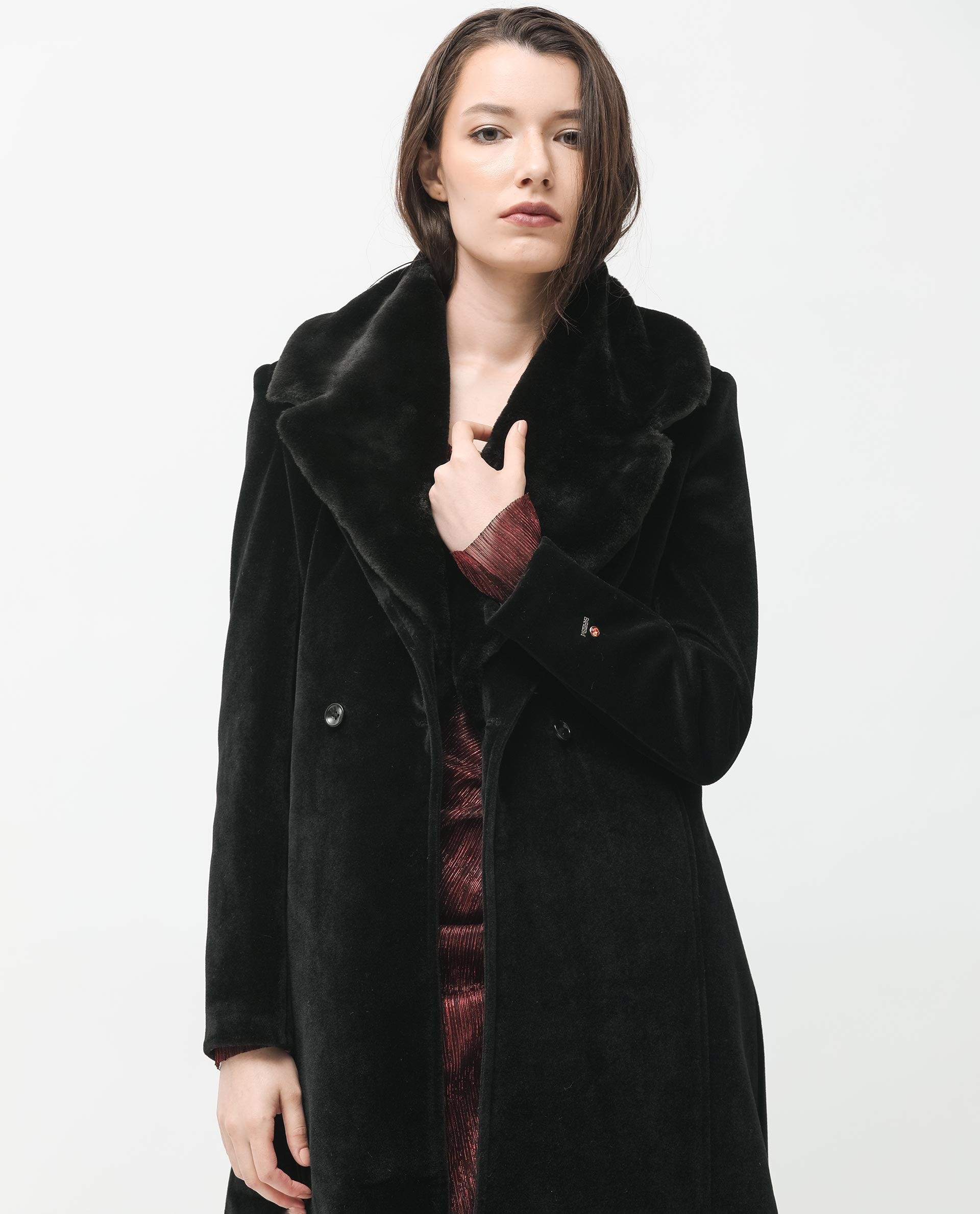 Rareism Women Teich Black Polyester Fabric Full Sleeves Button Closure Lapel Neck Regular Fit Plain Knee Length Jacket