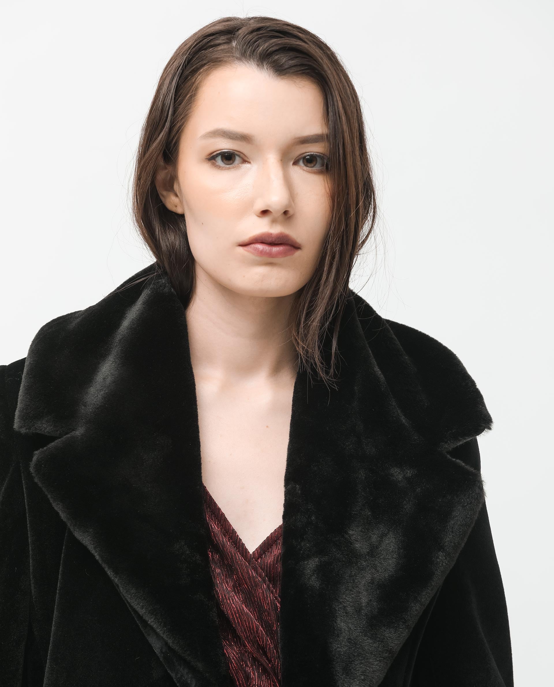Rareism Women Teich Black Polyester Fabric Full Sleeves Button Closure Lapel Neck Regular Fit Plain Knee Length Jacket