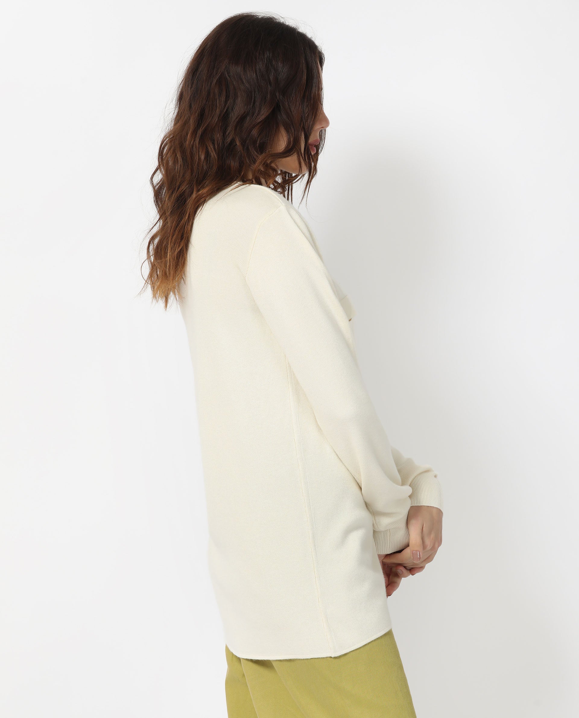 Rareism Women's Telkon Off White Viscose Spread Collar Plain Regular Fit Sweater